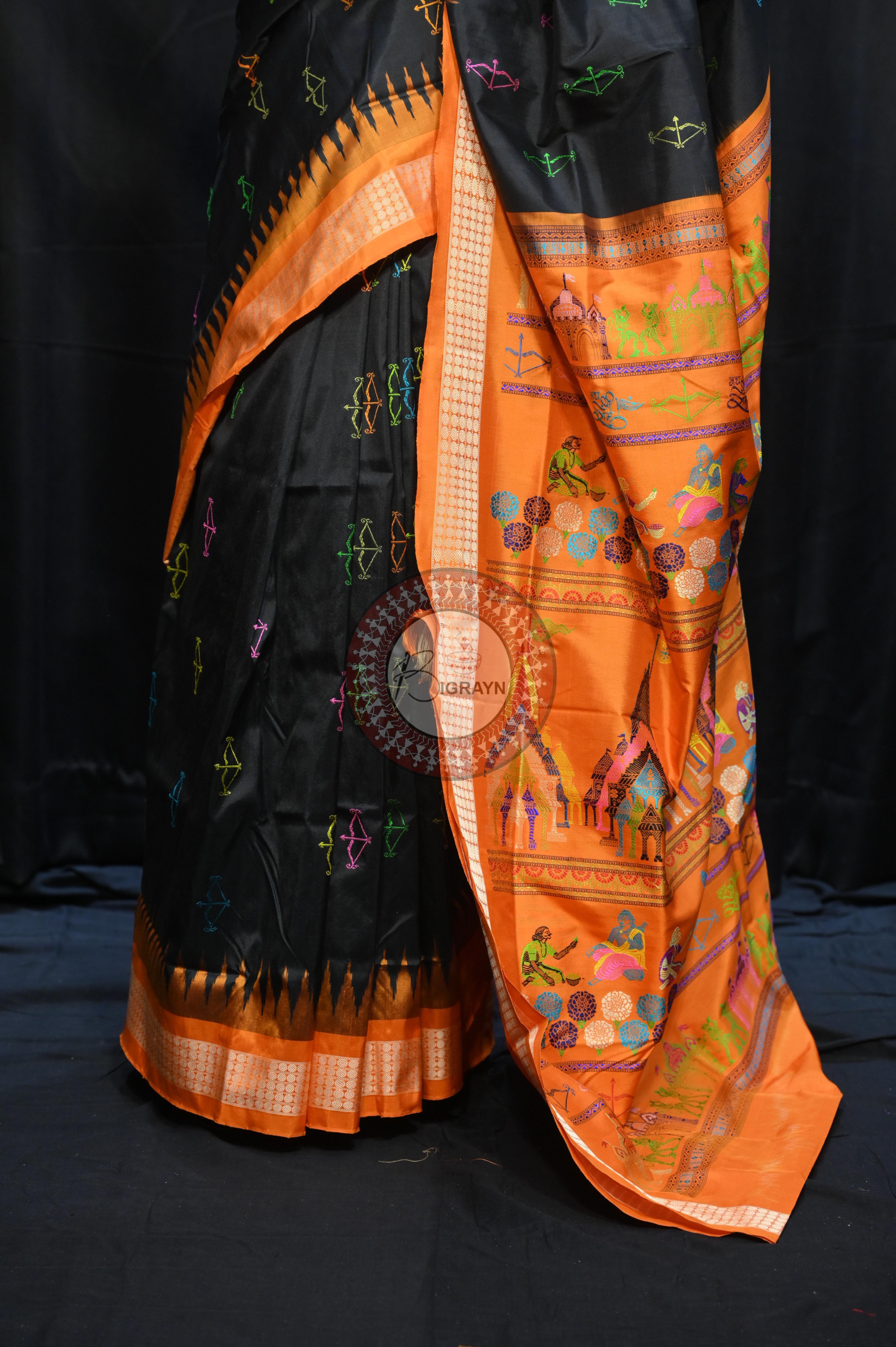Black Orange Sri Ram Exclusive Sambalpuri Silk Saree