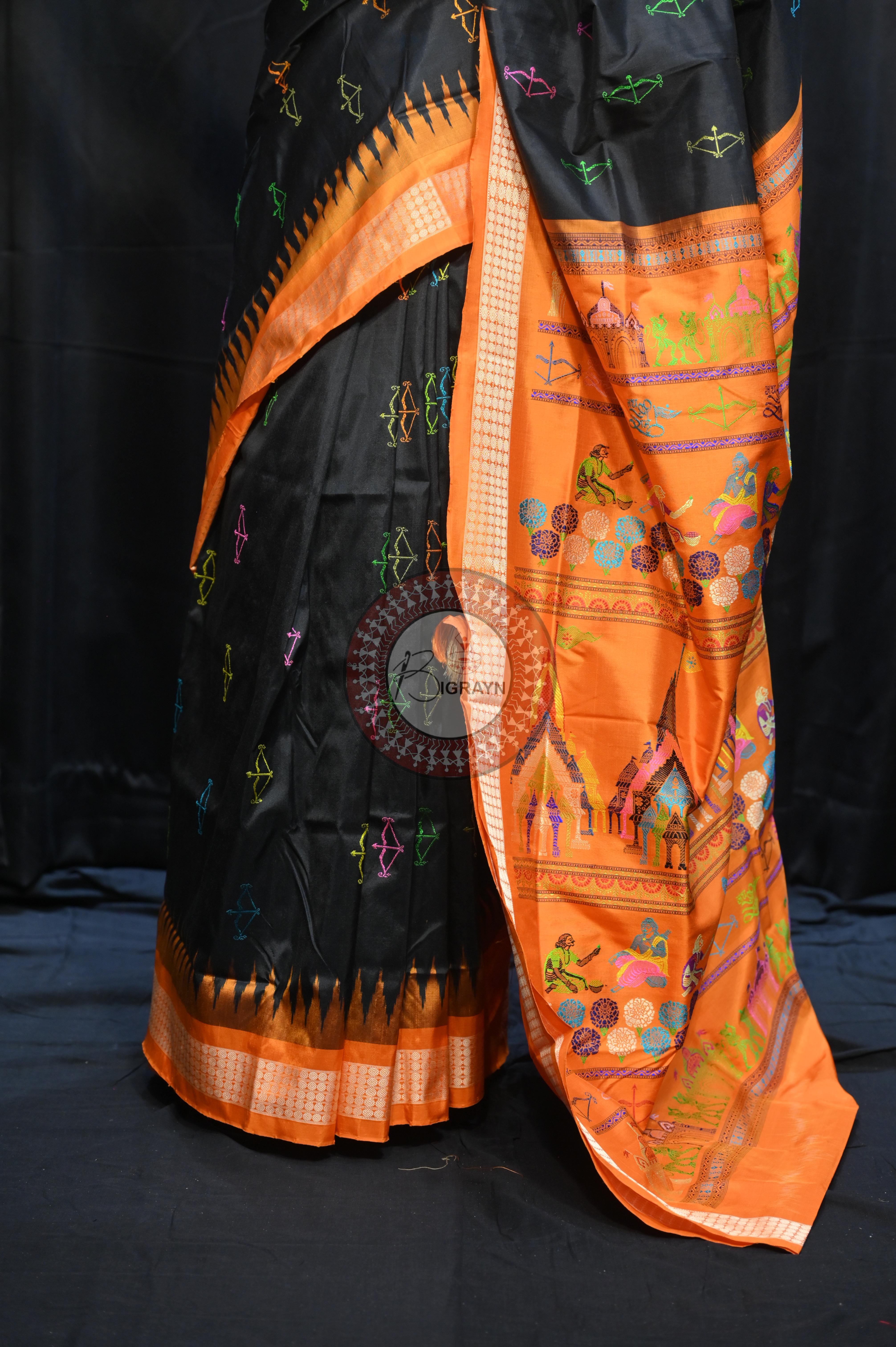 Black Orange Sri Ram Exclusive Sambalpuri Silk Saree