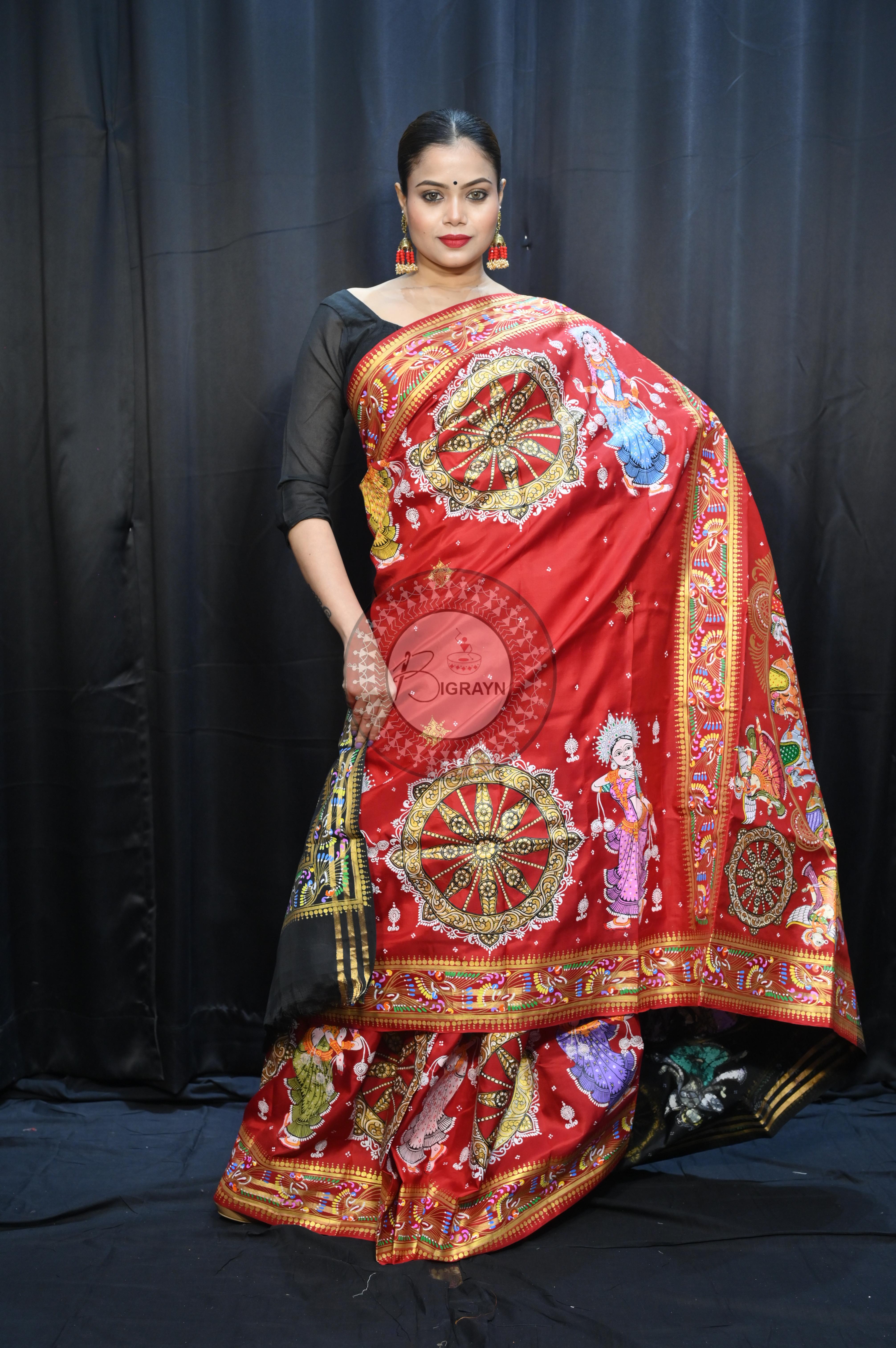 Red Black Konark Wheel And Dancer Theme Pattachitra Kanjeeveram Silk Saree