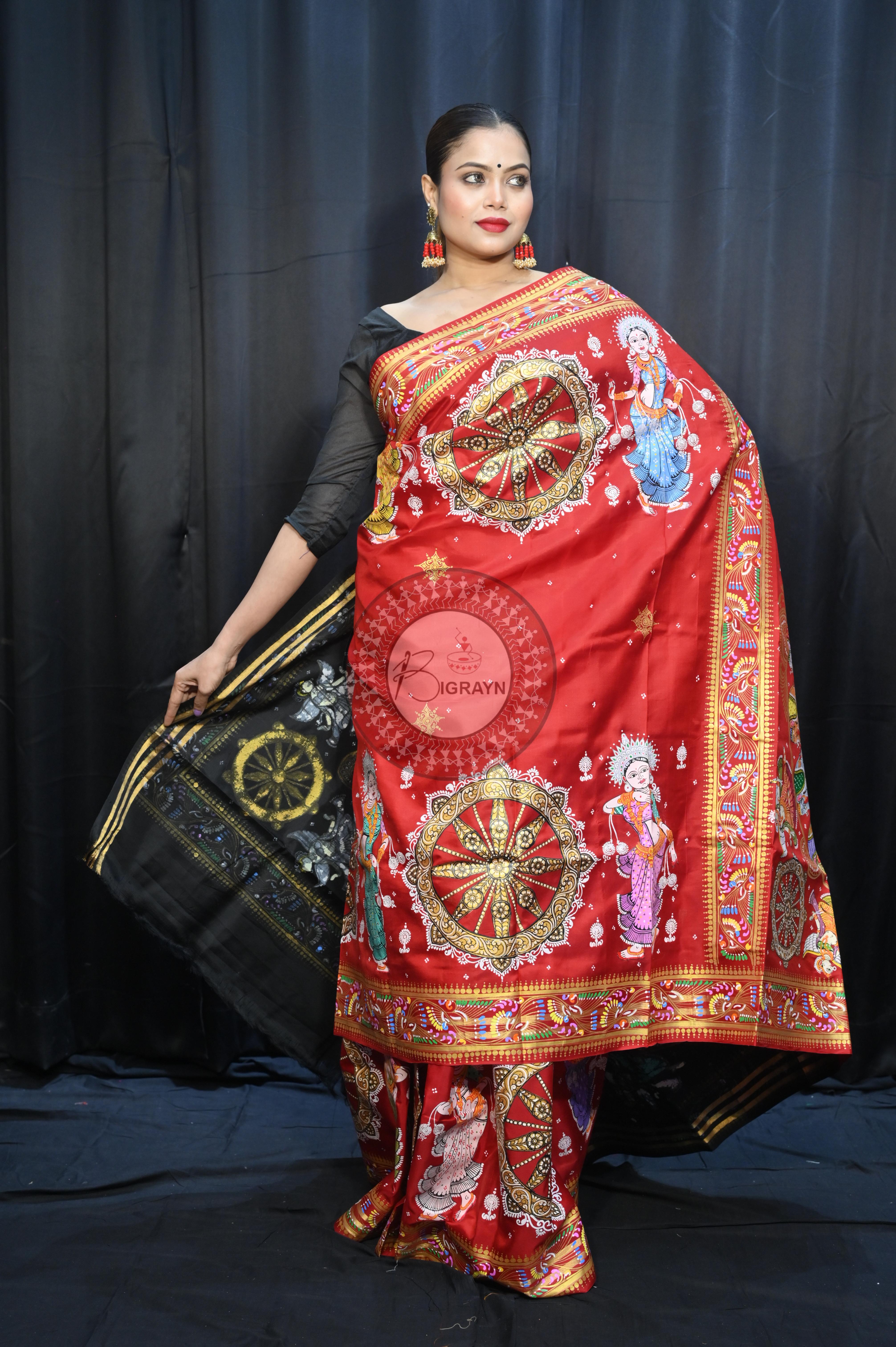 Red Black Konark Wheel And Dancer Theme Pattachitra Kanjeeveram Silk Saree