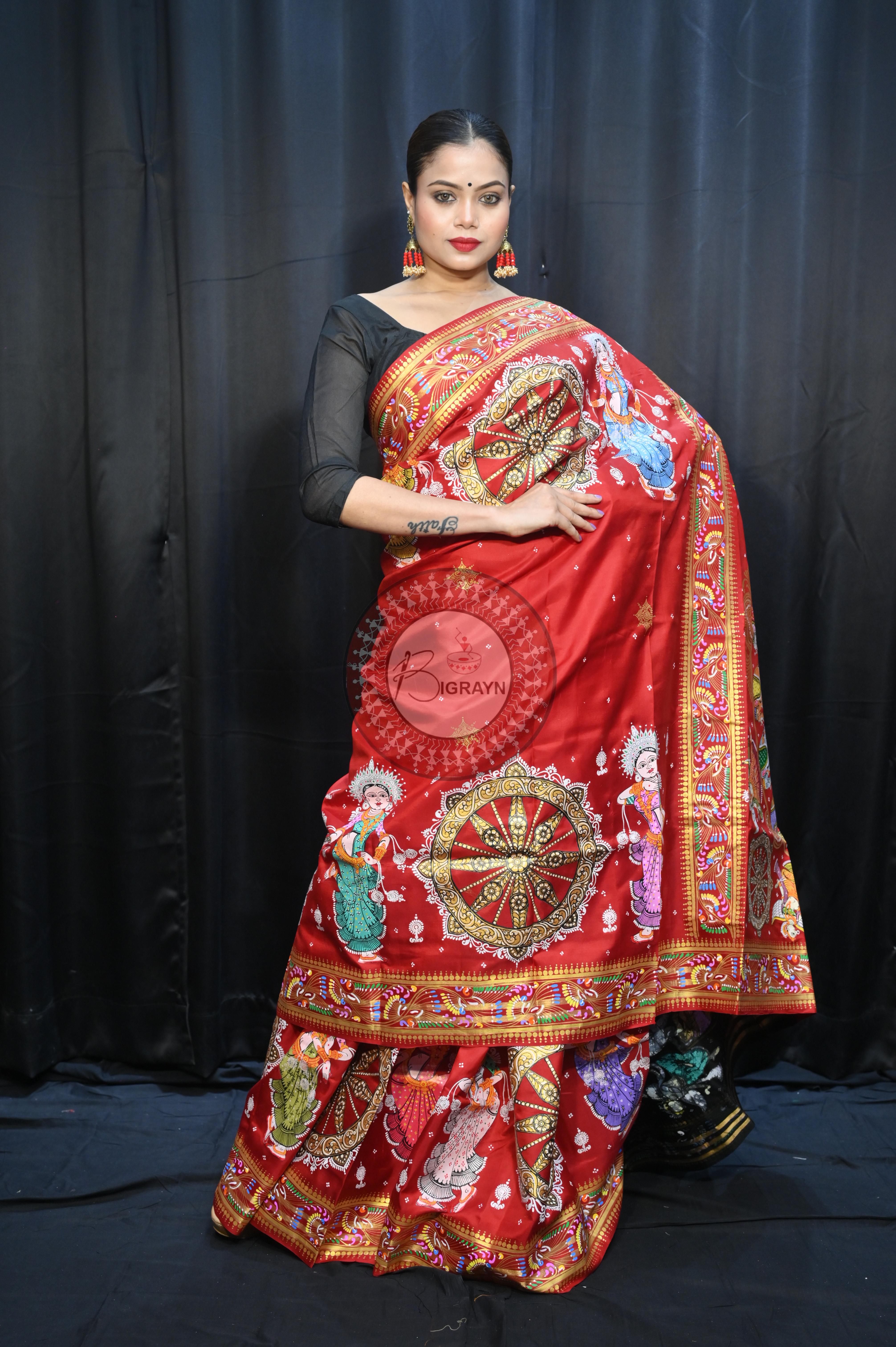 Red Black Konark Wheel And Dancer Theme Pattachitra Kanjeeveram Silk Saree