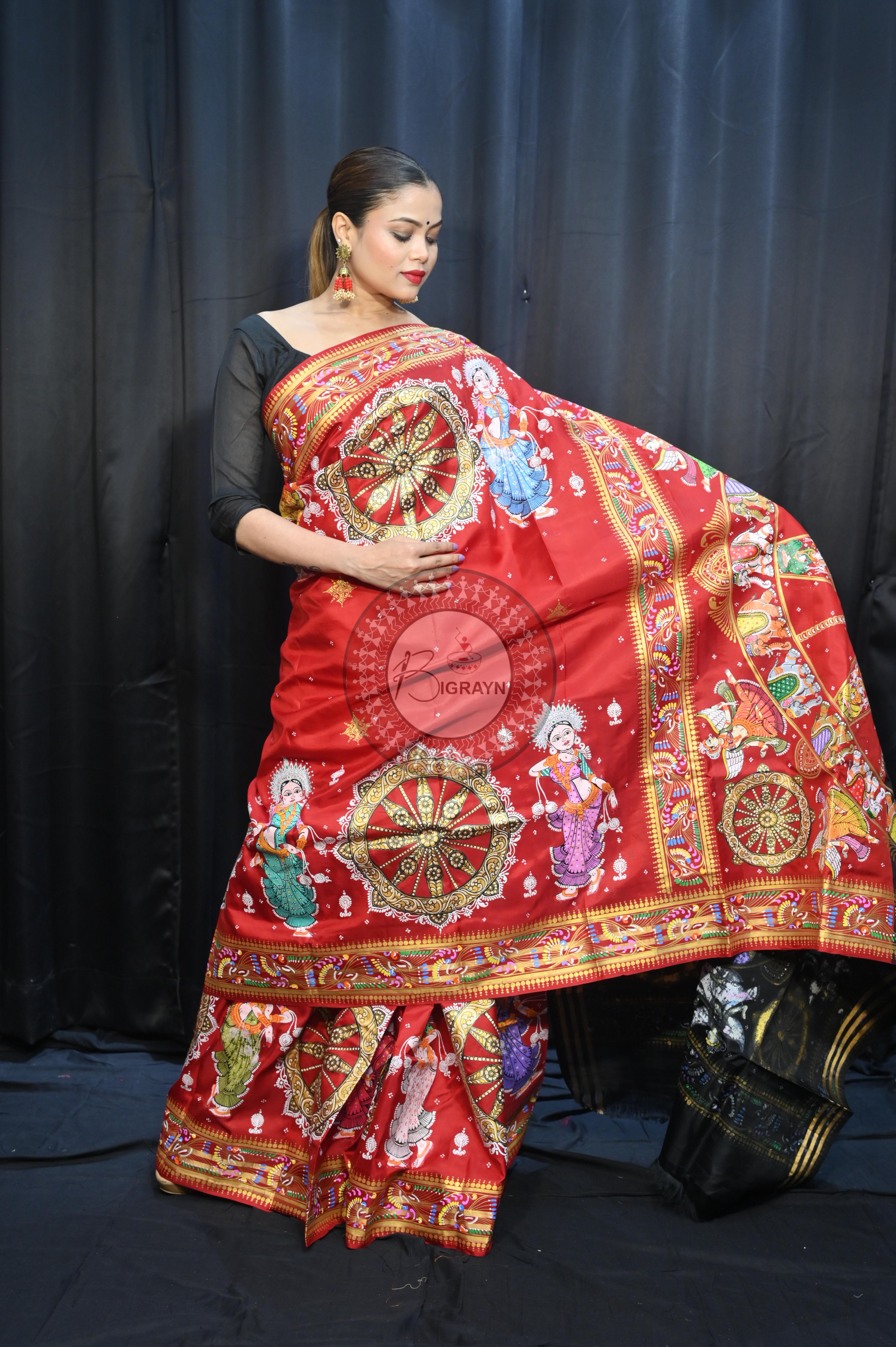 Red Black Konark Wheel And Dancer Theme Pattachitra Kanjeeveram Silk Saree