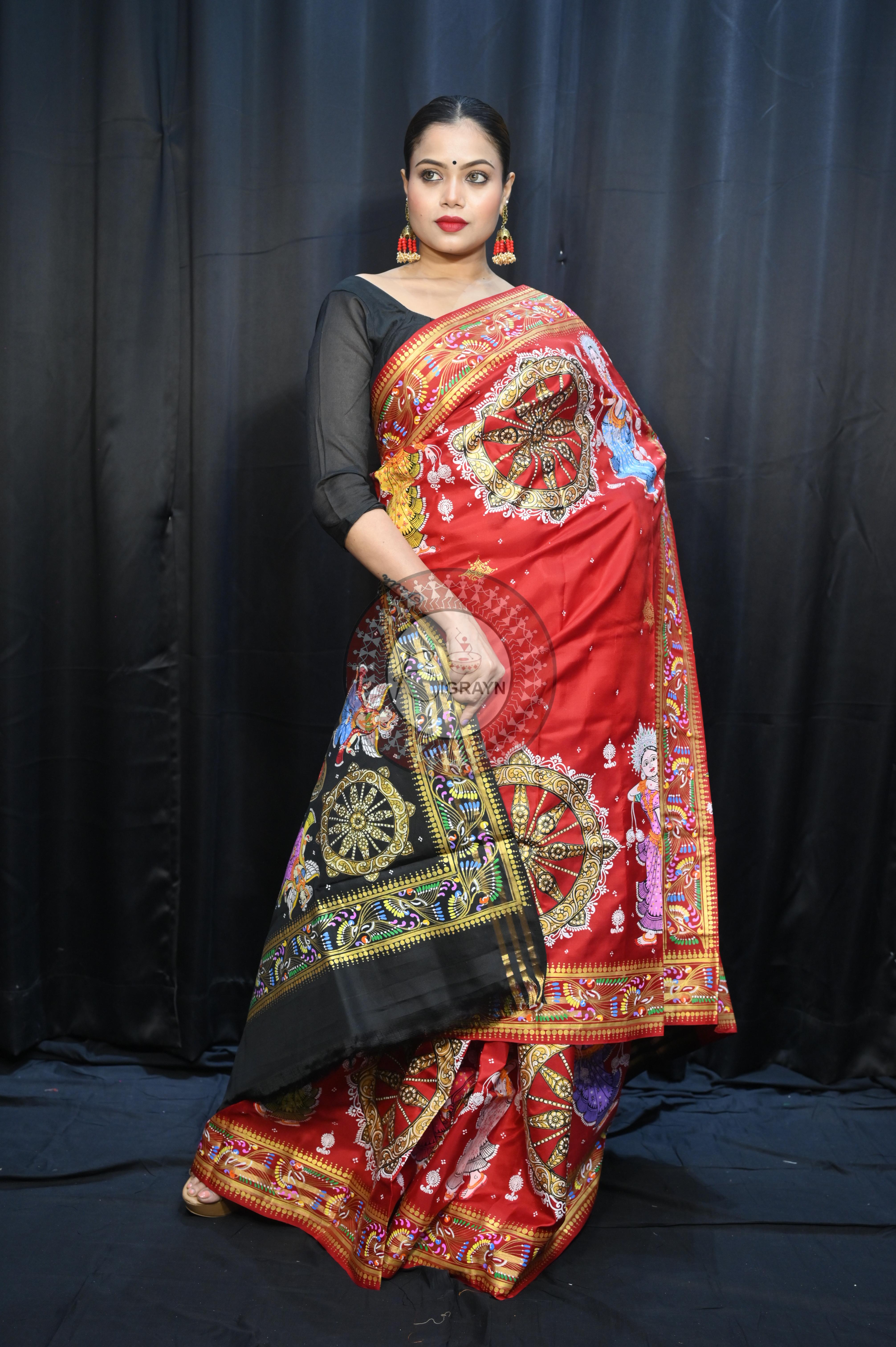 Red Black Konark Wheel And Dancer Theme Pattachitra Kanjeeveram Silk Saree