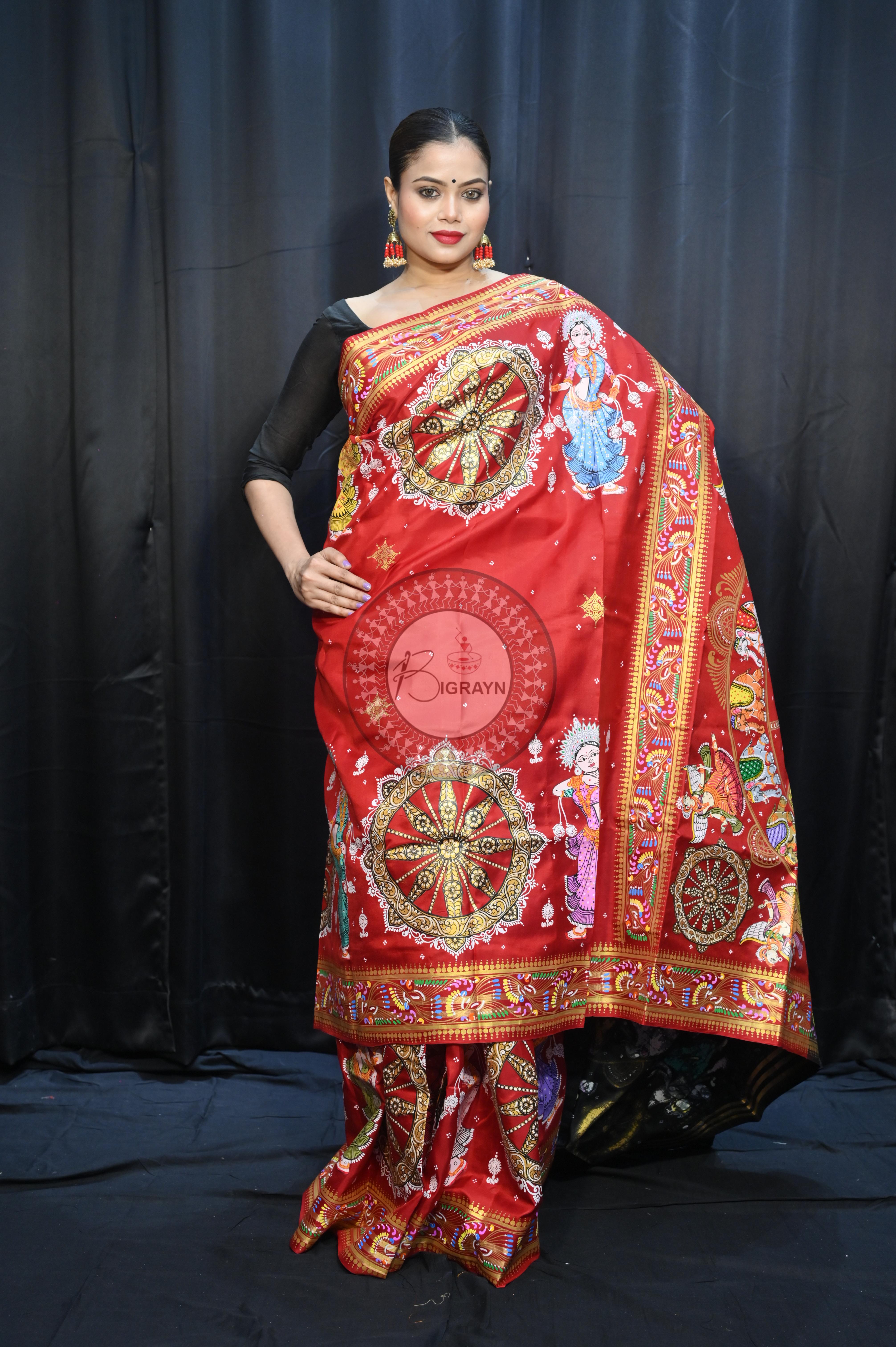 Red Black Konark Wheel And Dancer Theme Pattachitra Kanjeeveram Silk Saree