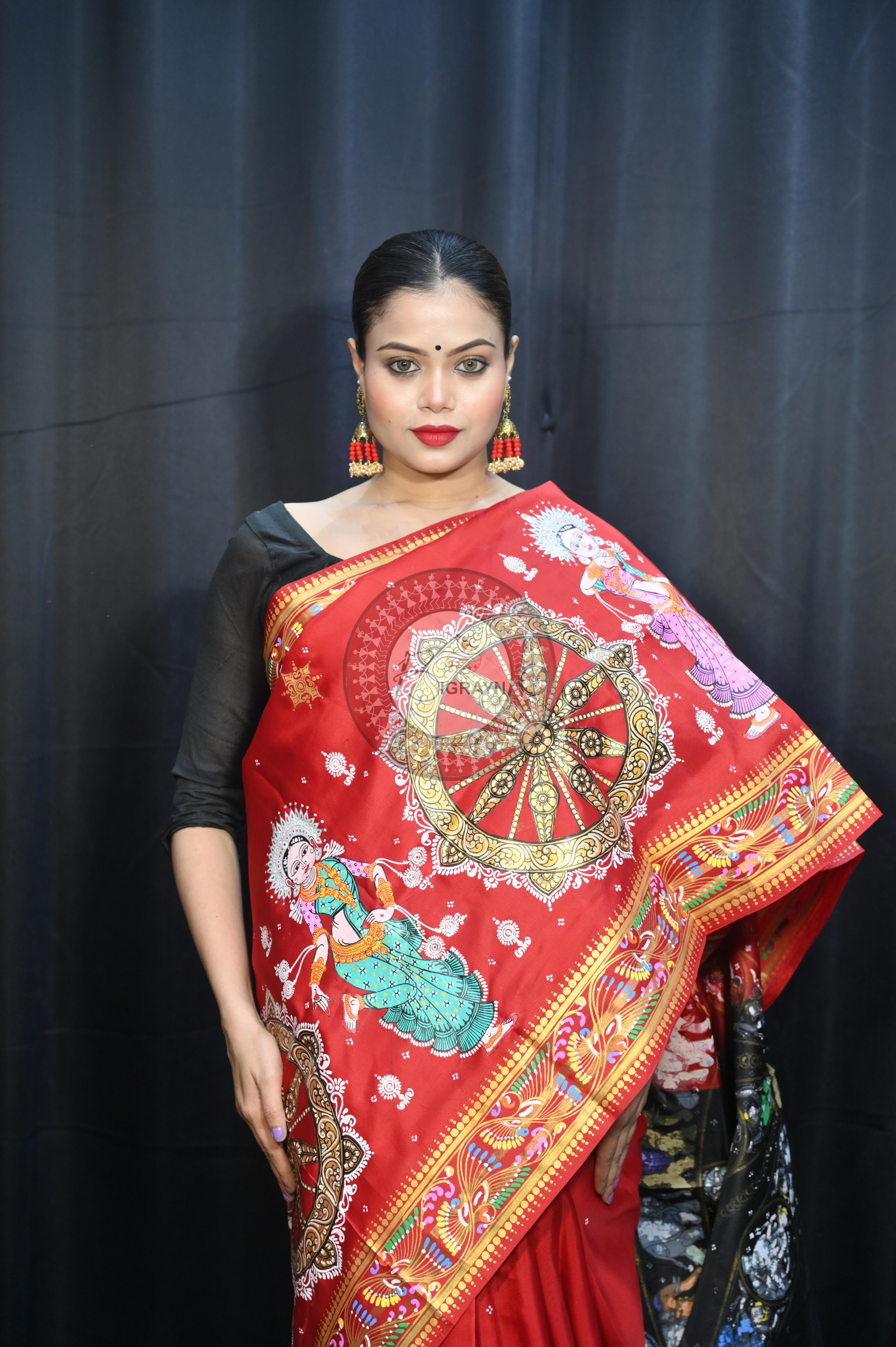 Red Black Konark Wheel And Dancer Theme Pattachitra Kanjeeveram Silk Saree