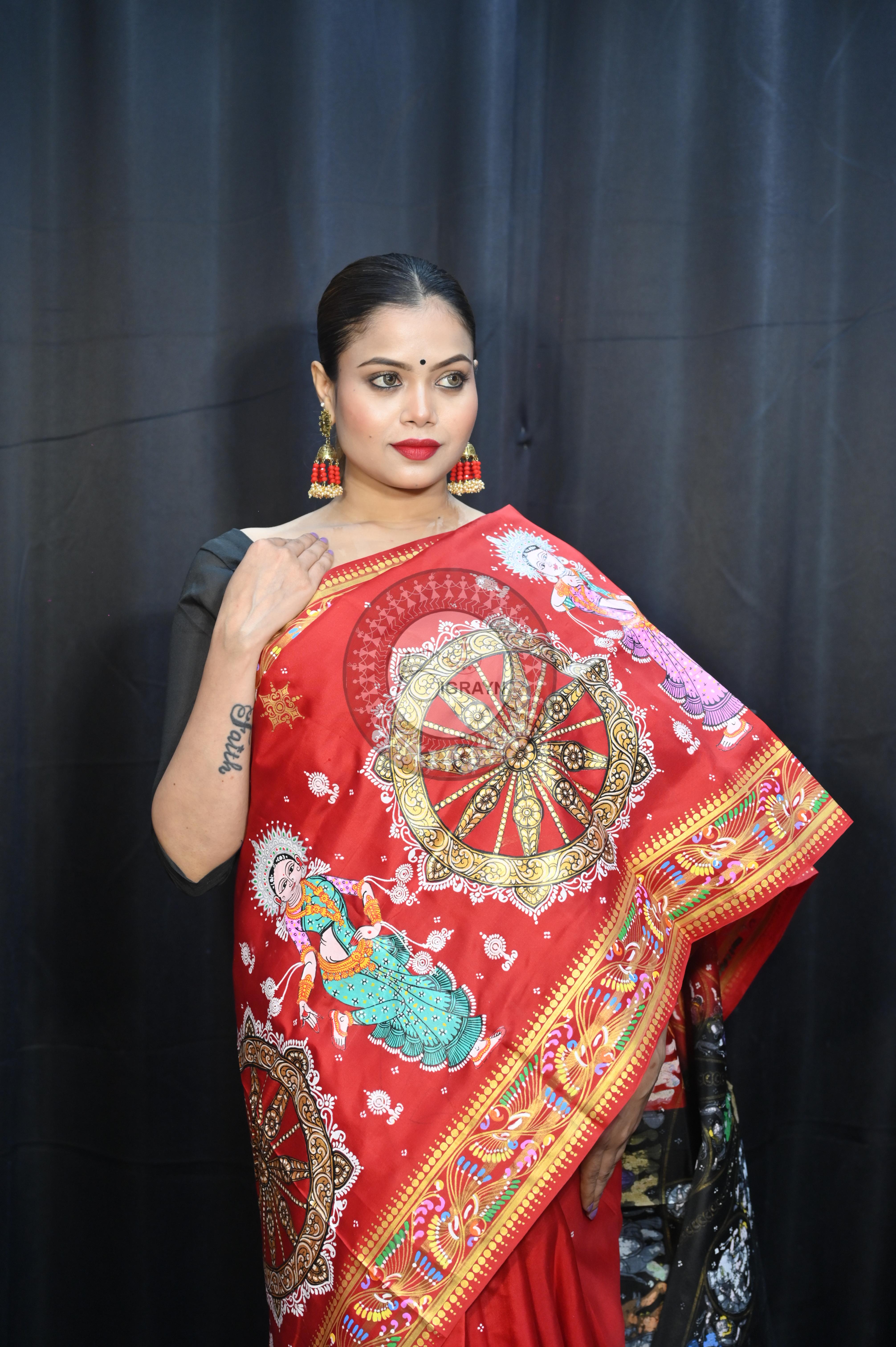 Red Black Konark Wheel And Dancer Theme Pattachitra Kanjeeveram Silk Saree