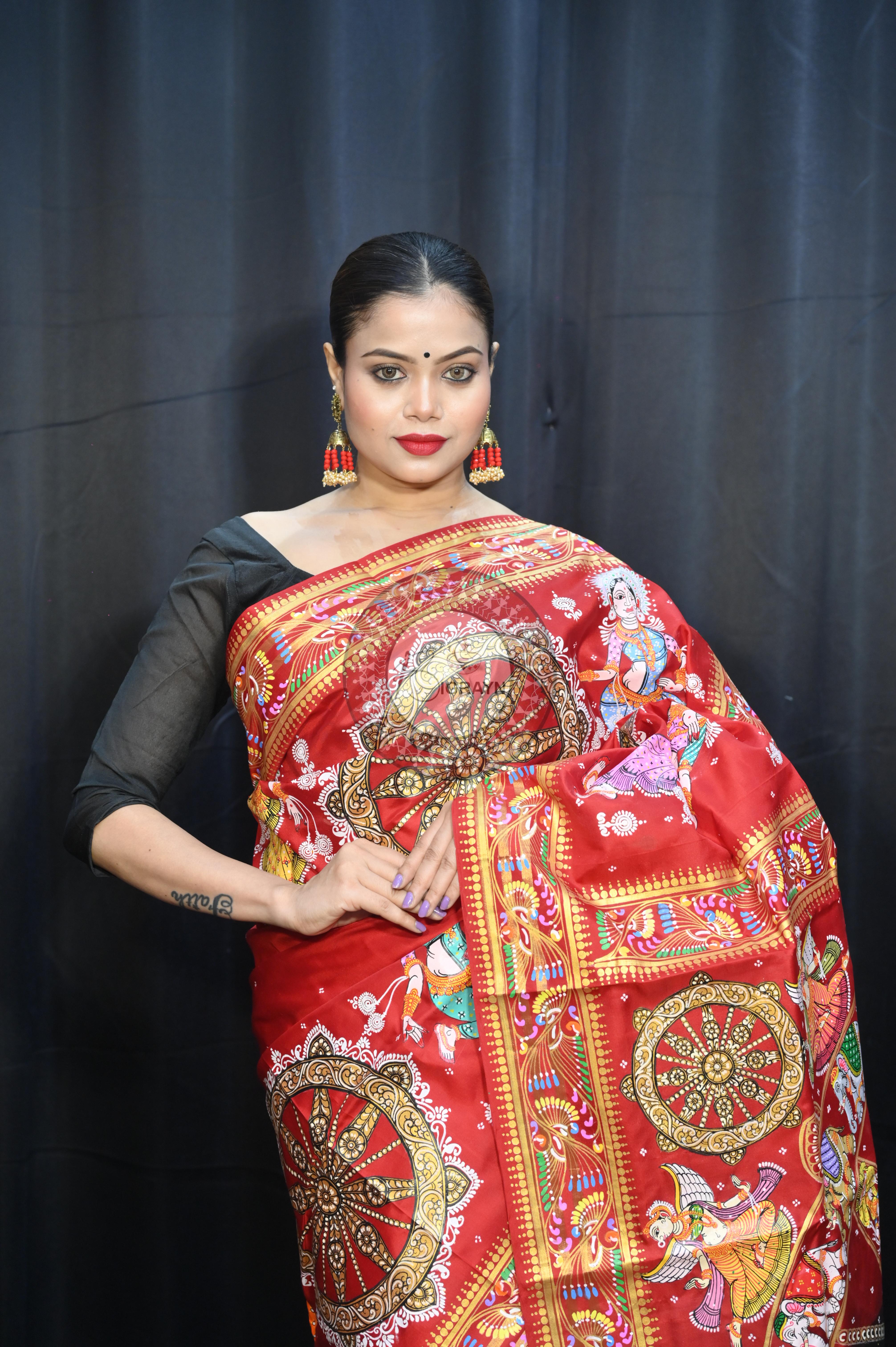 Red Black Konark Wheel And Dancer Theme Pattachitra Kanjeeveram Silk Saree