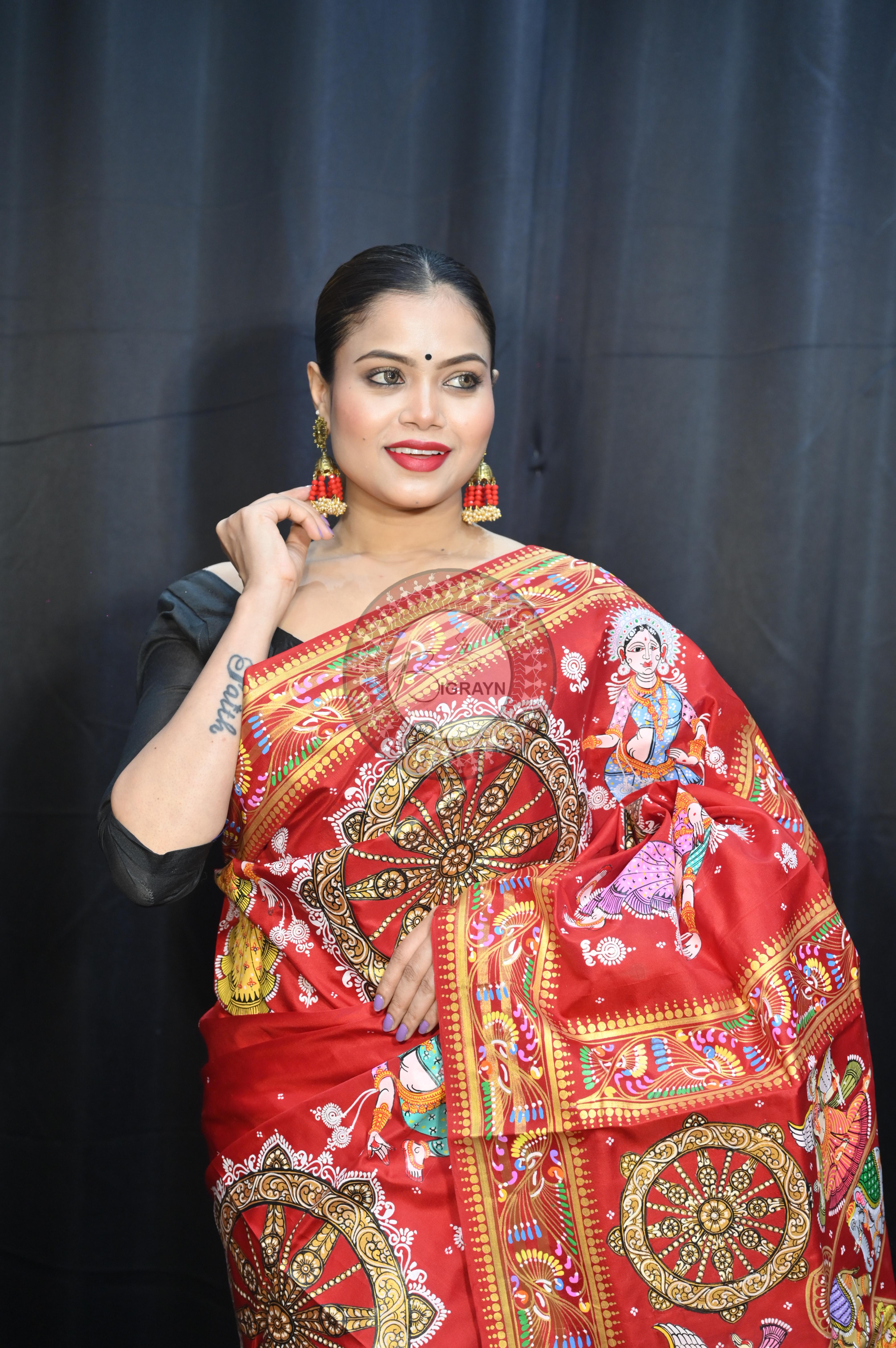 Red Black Konark Wheel And Dancer Theme Pattachitra Kanjeeveram Silk Saree