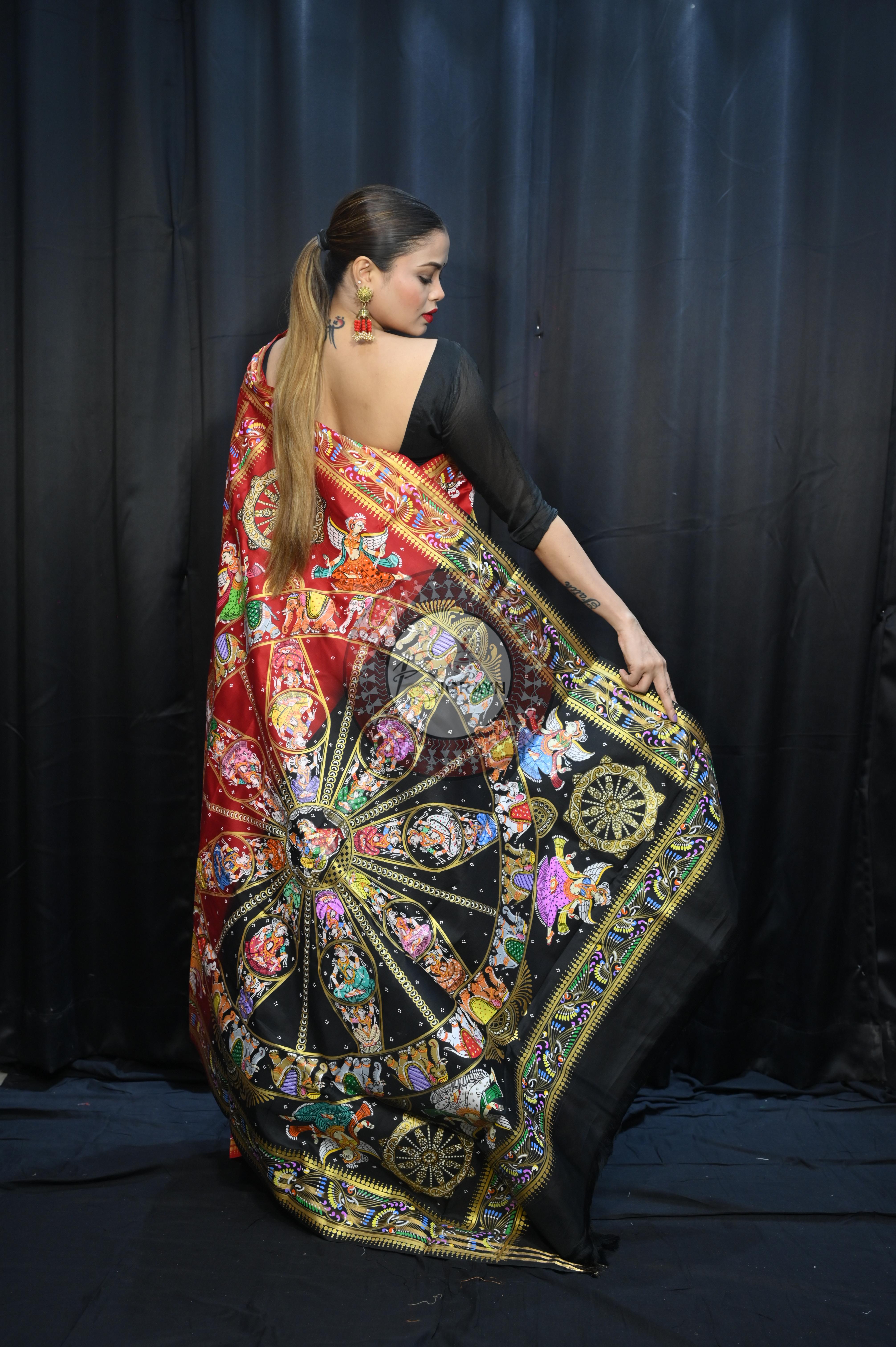 Red Black Konark Wheel And Dancer Theme Pattachitra Kanjeeveram Silk Saree