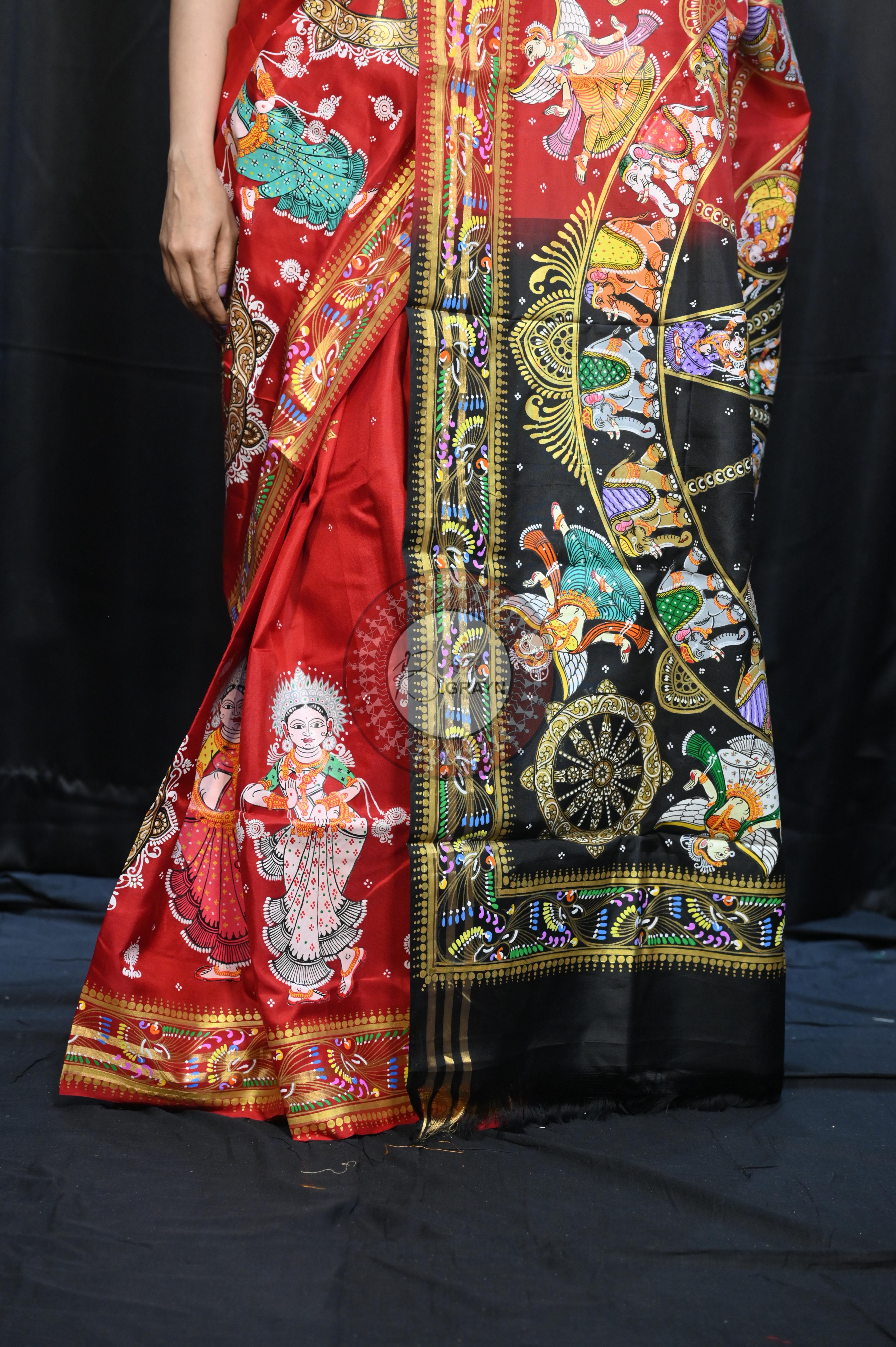 Red Black Konark Wheel And Dancer Theme Pattachitra Kanjeeveram Silk Saree