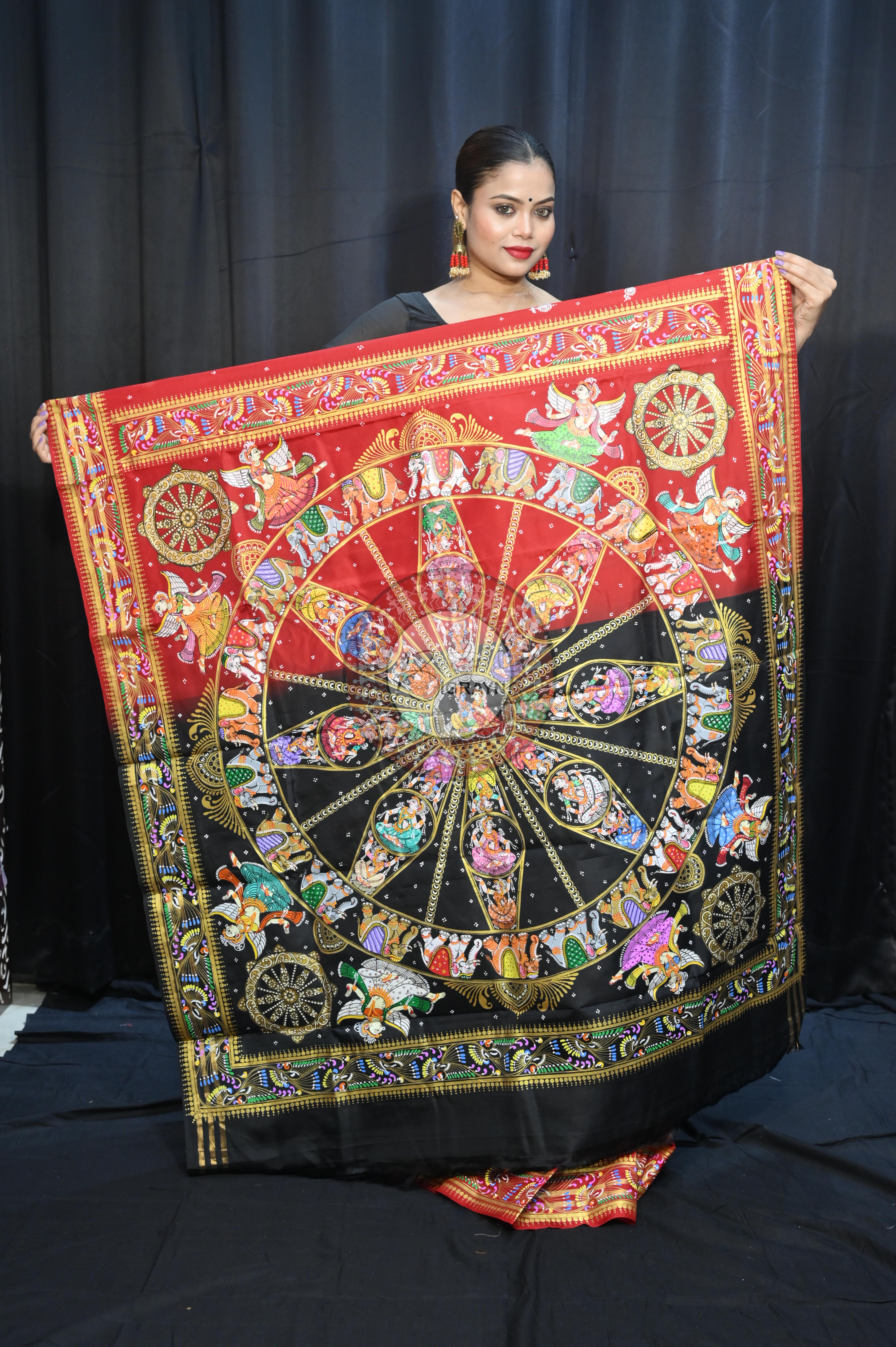 Red Black Konark Wheel And Dancer Theme Pattachitra Kanjeeveram Silk Saree