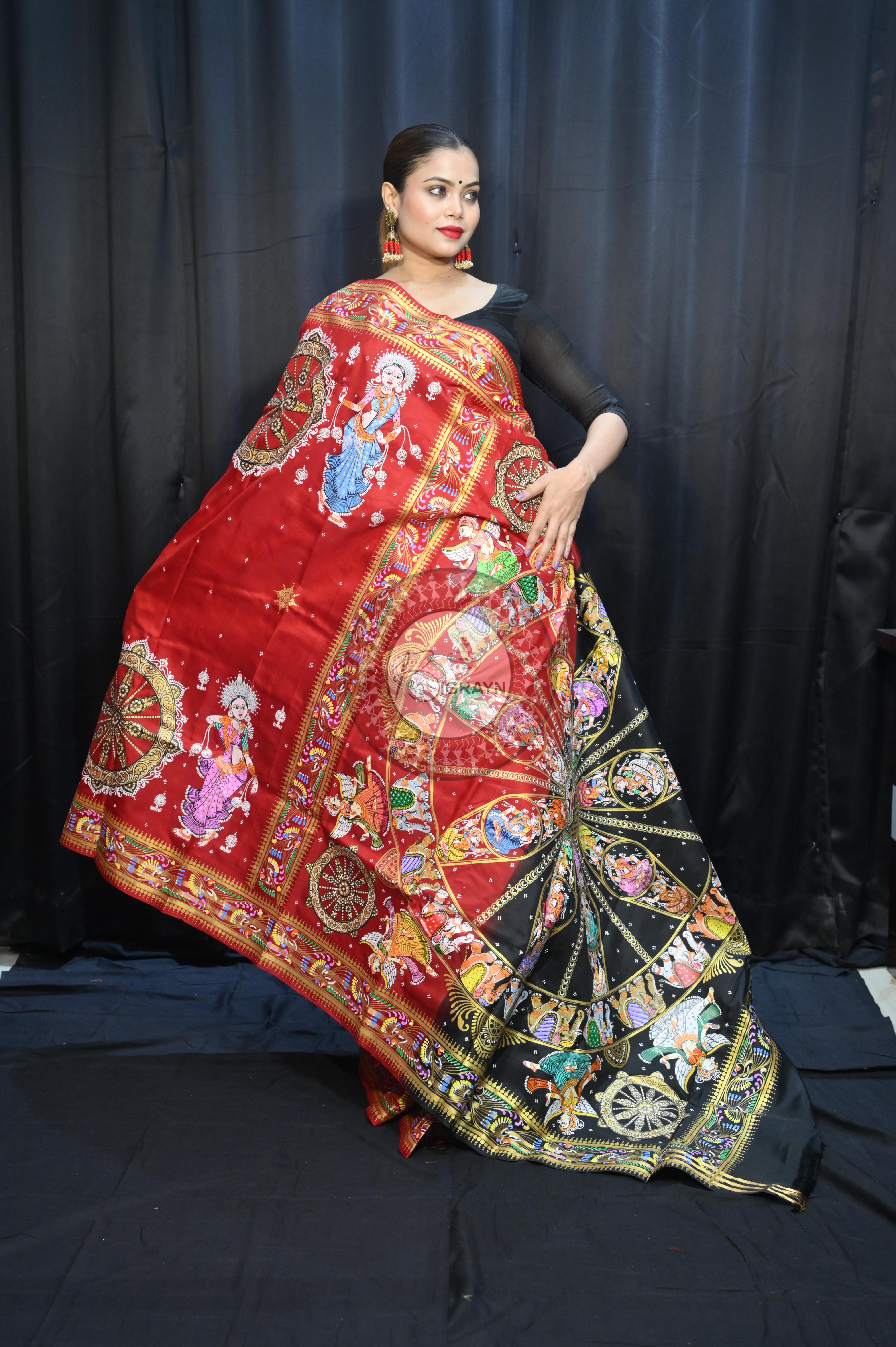Red Black Konark Wheel And Dancer Theme Pattachitra Kanjeeveram Silk Saree