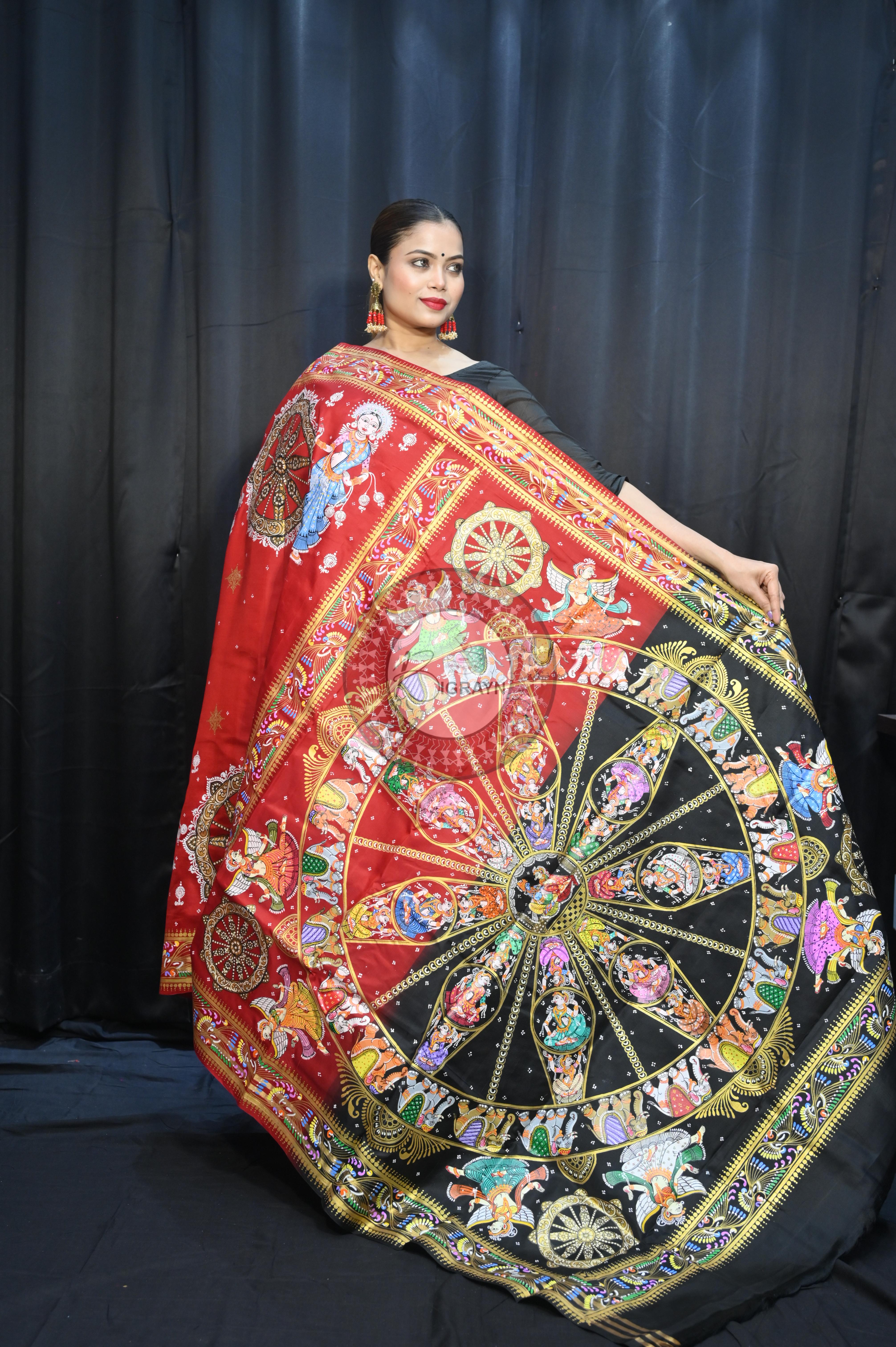 Red Black Konark Wheel And Dancer Theme Pattachitra Kanjeeveram Silk Saree