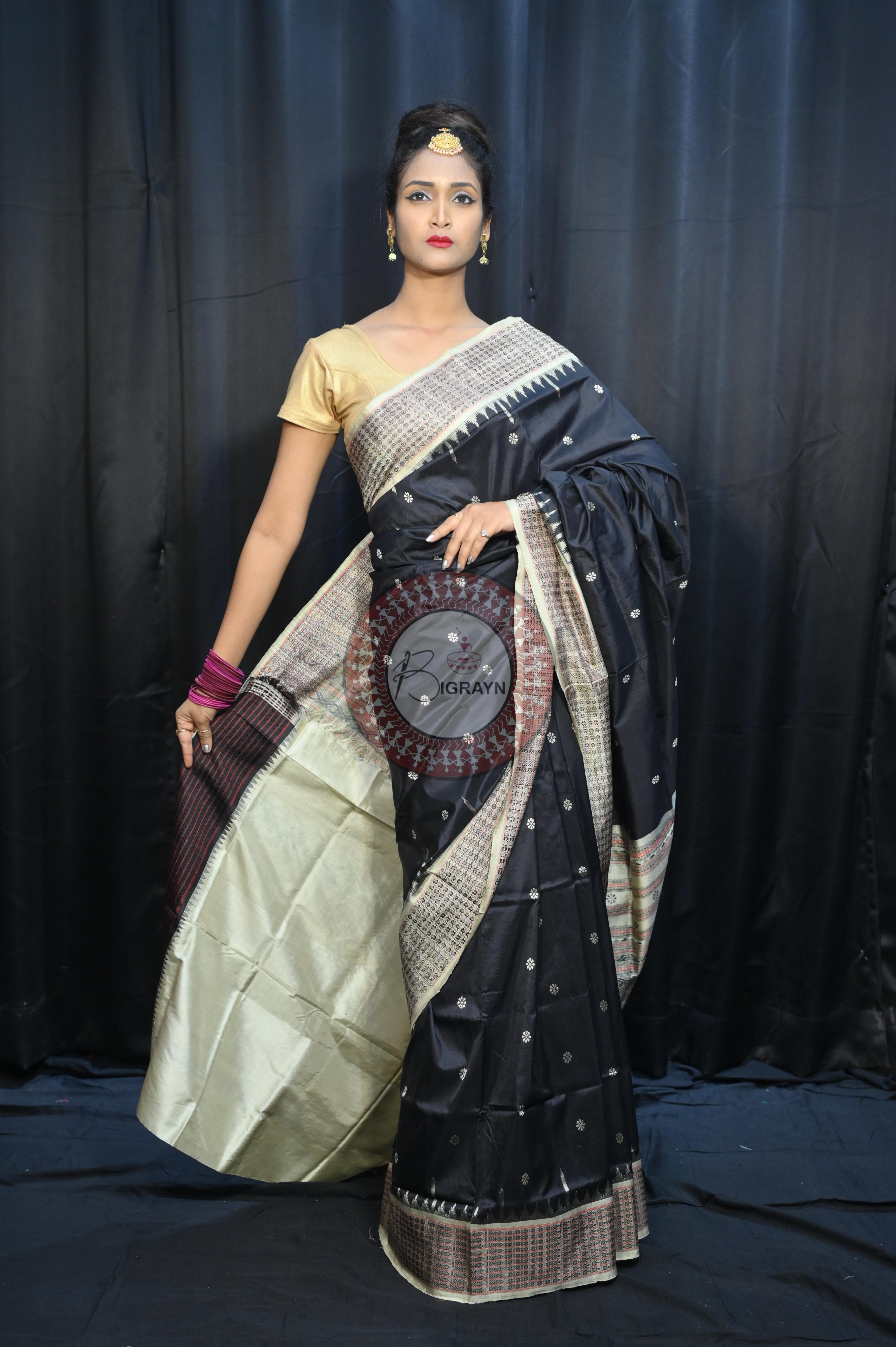 Black Off White Dash Phulia Border Bomkai Silk Saree