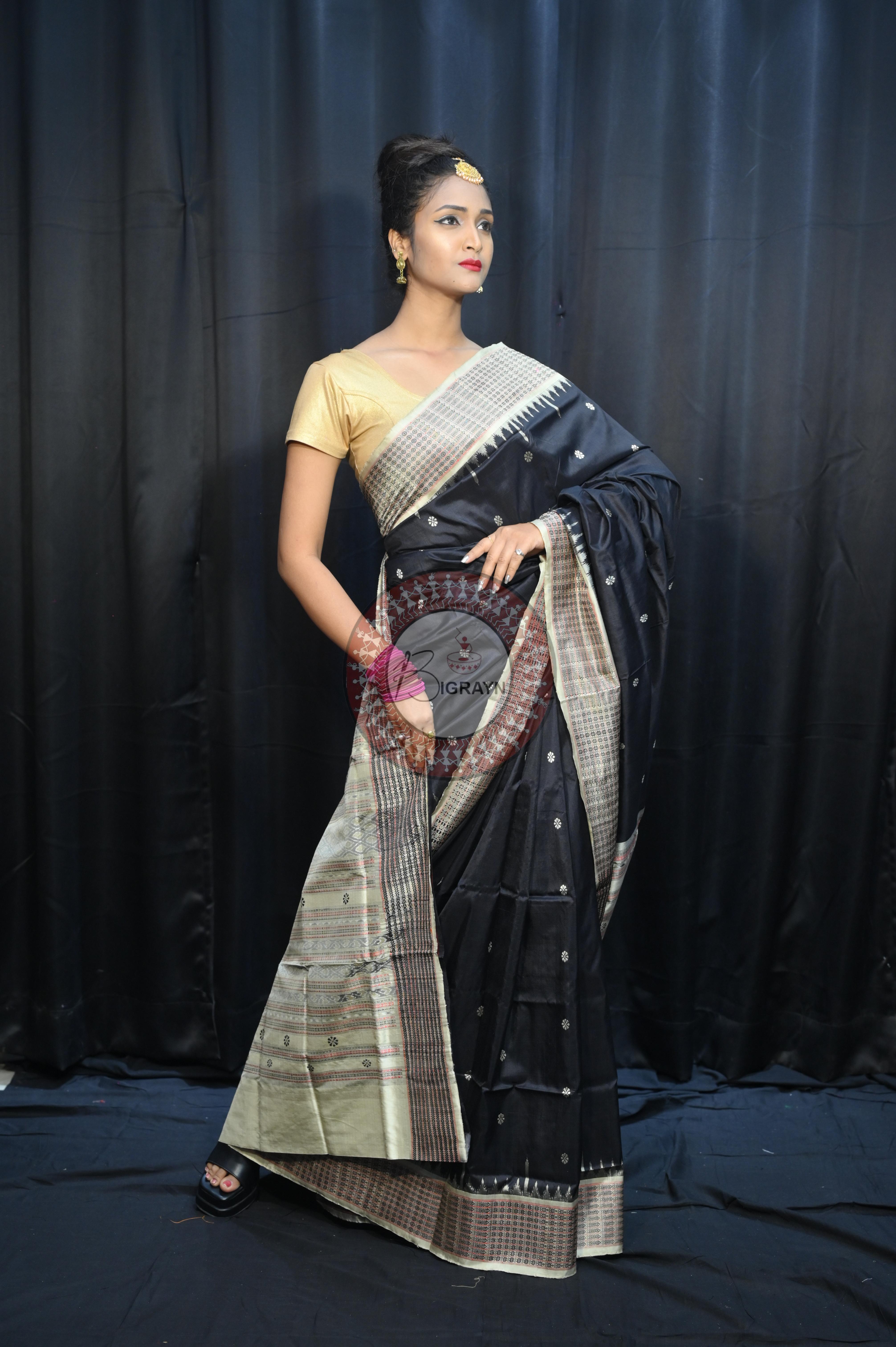 Black Off White Dash Phulia Border Bomkai Silk Saree