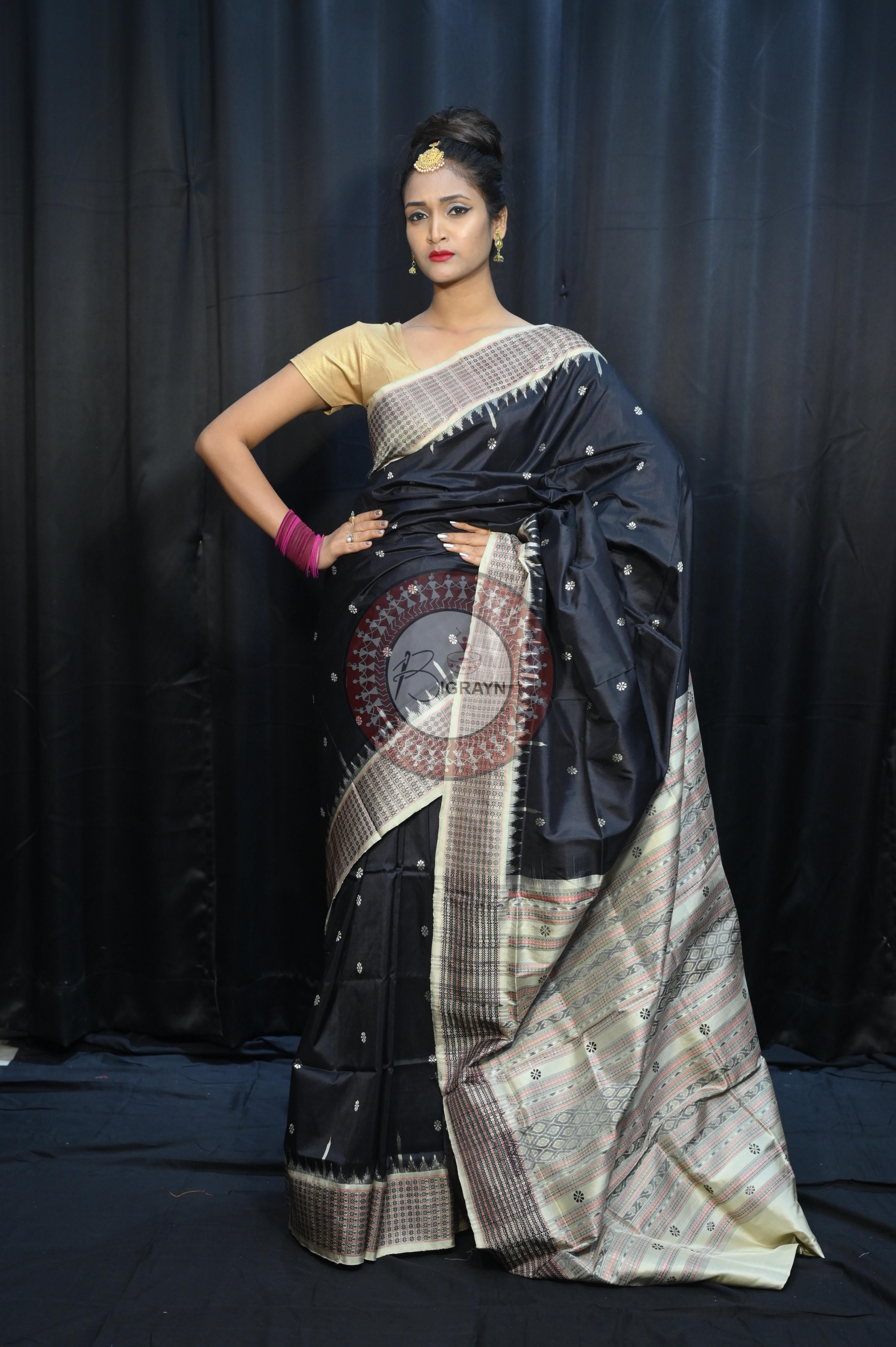 Black Off White Dash Phulia Border Bomkai Silk Saree
