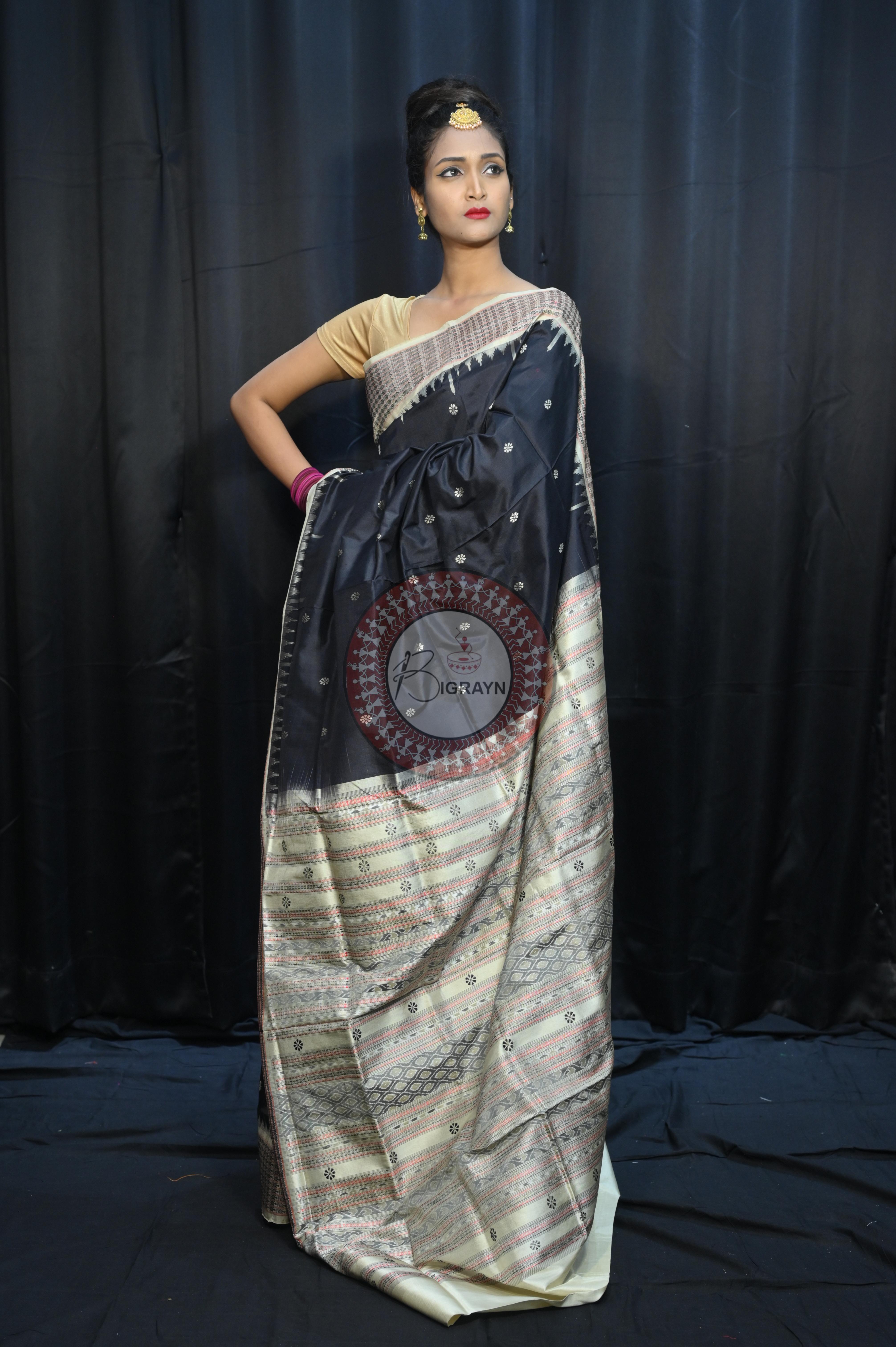 Black Off White Dash Phulia Border Bomkai Silk Saree
