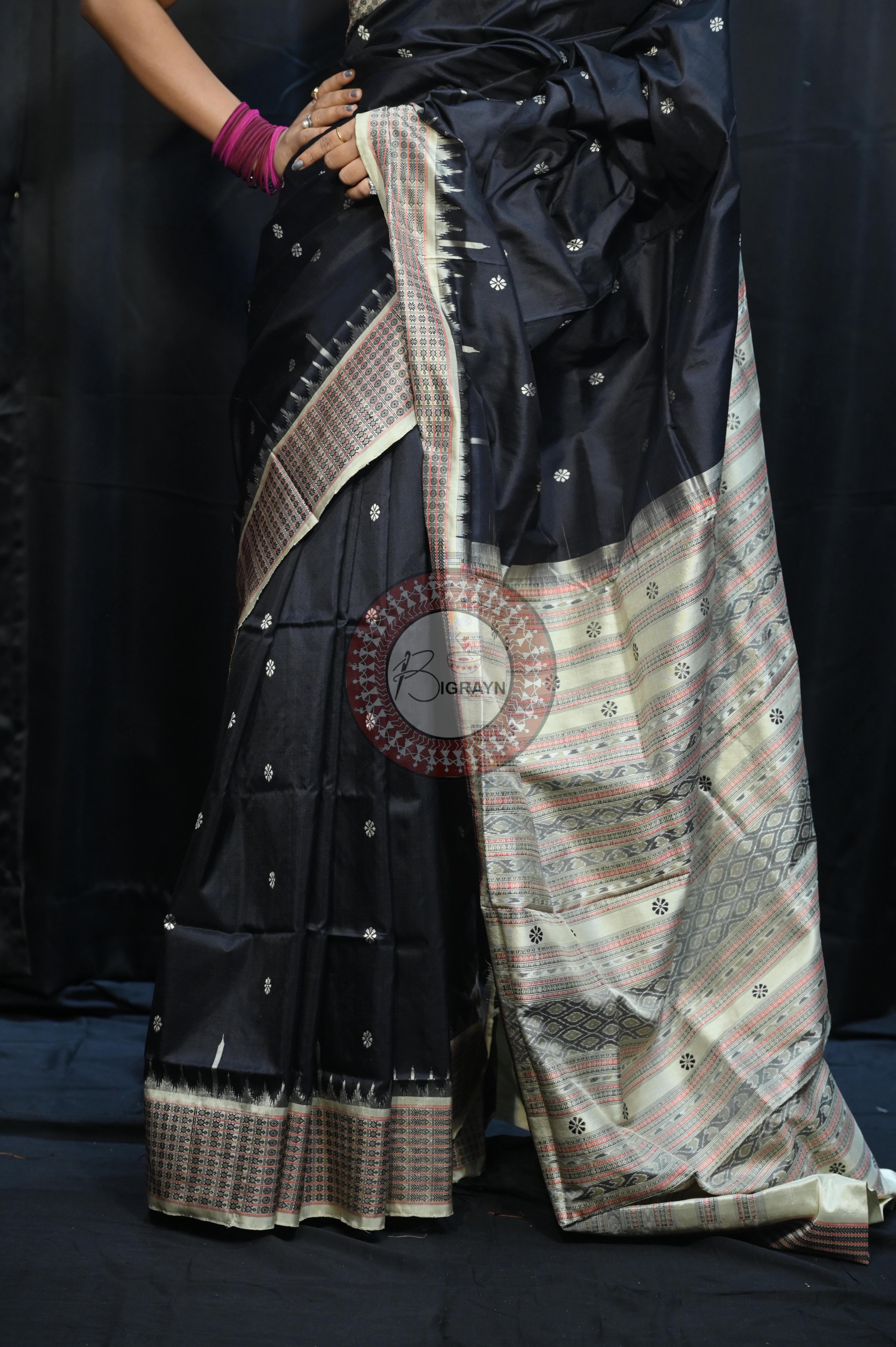 Black Off White Dash Phulia Border Bomkai Silk Saree