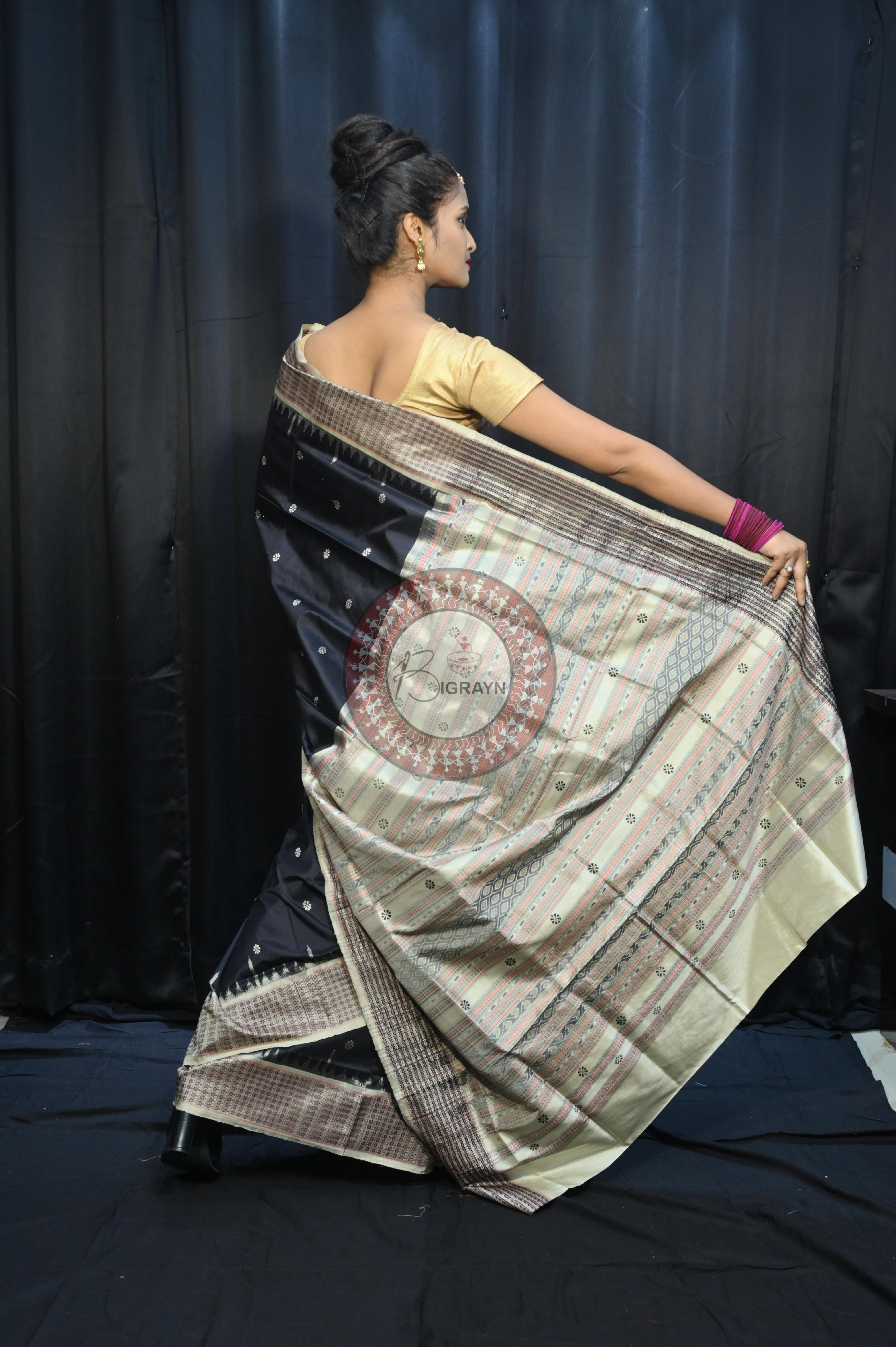Black Off White Dash Phulia Border Bomkai Silk Saree