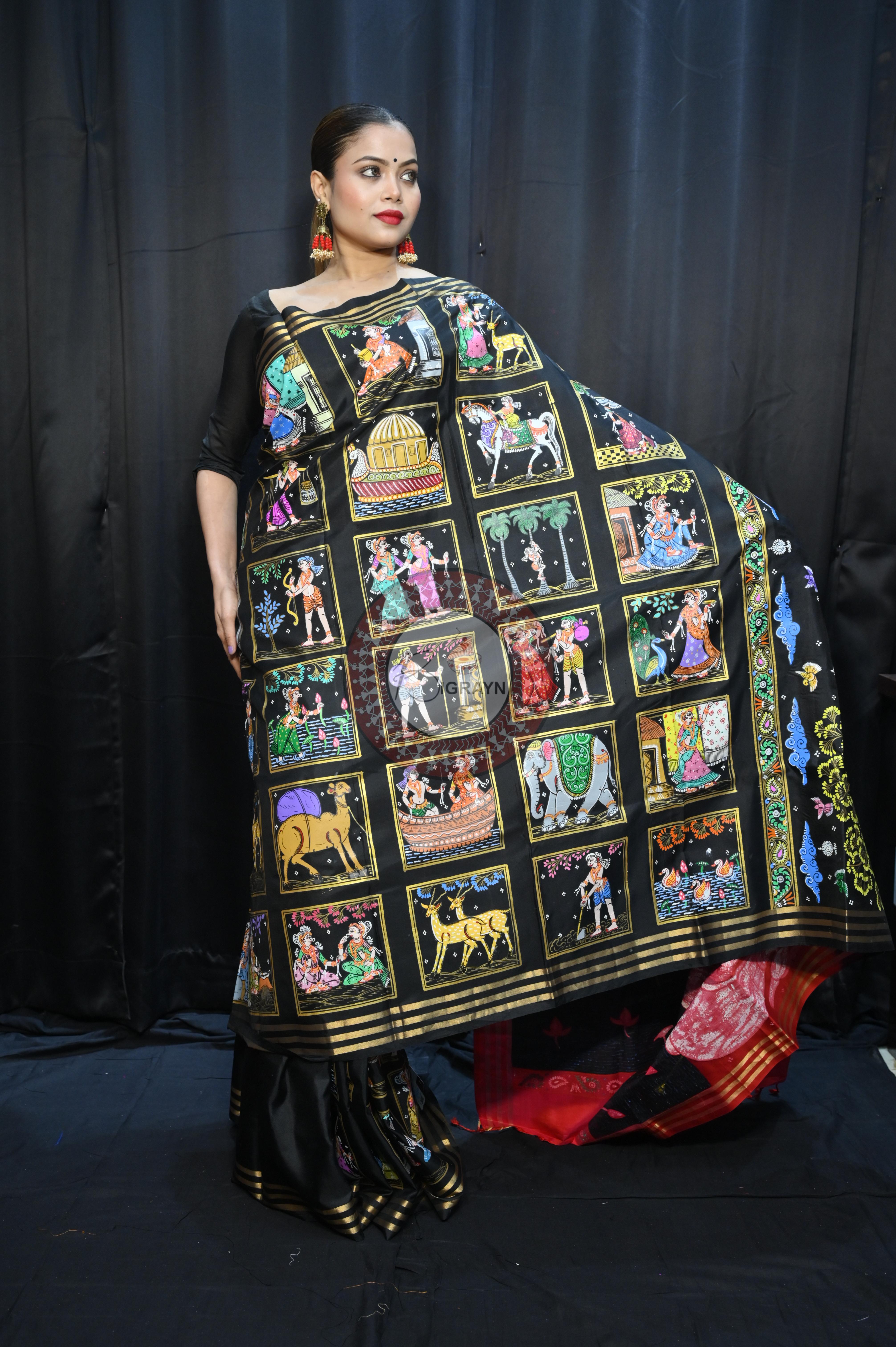 Black Red Small Box Boita Theme Pattachitra Kanjeeveram Silk Saree