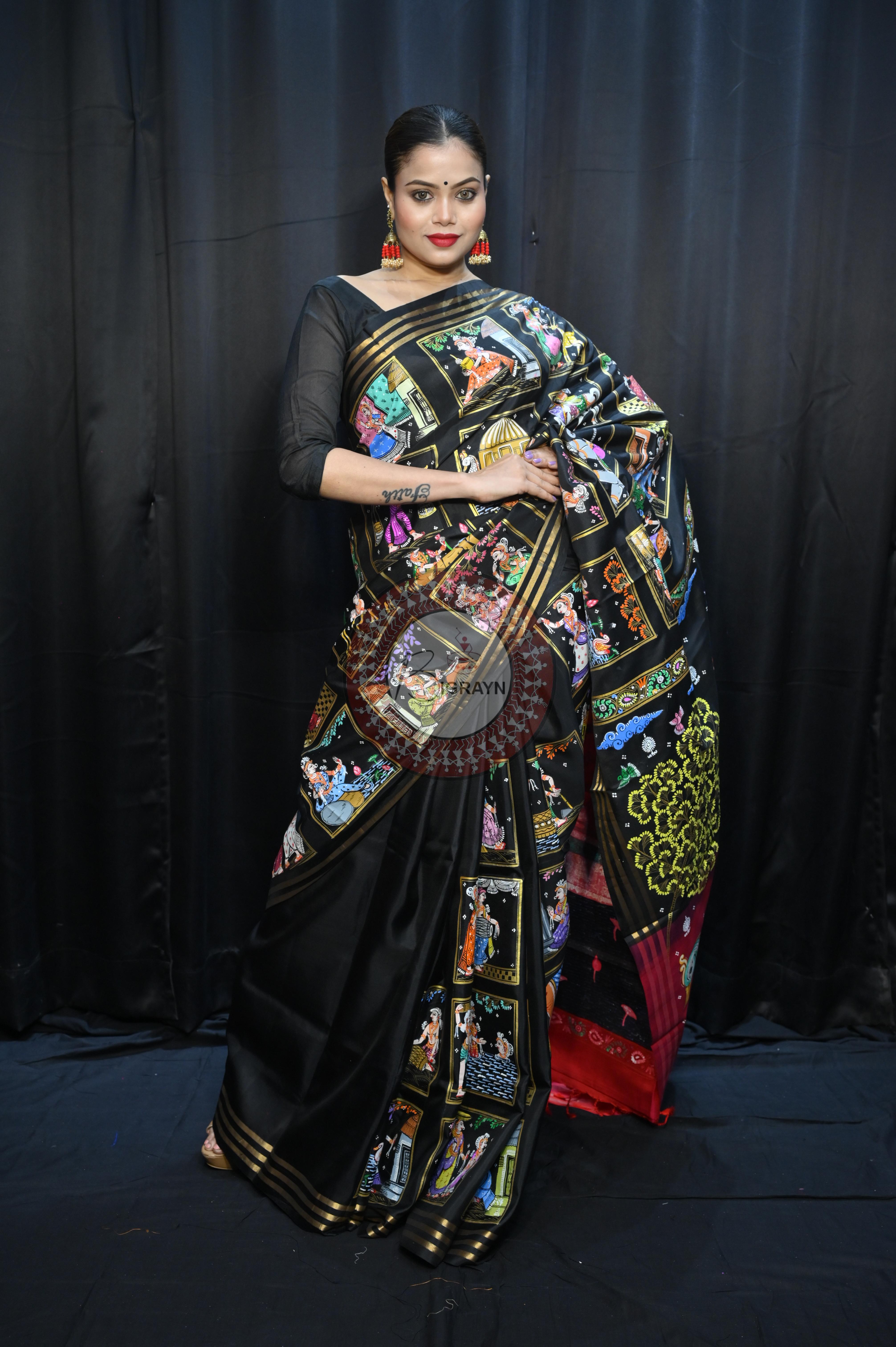 Black Red Small Box Boita Theme Pattachitra Kanjeeveram Silk Saree