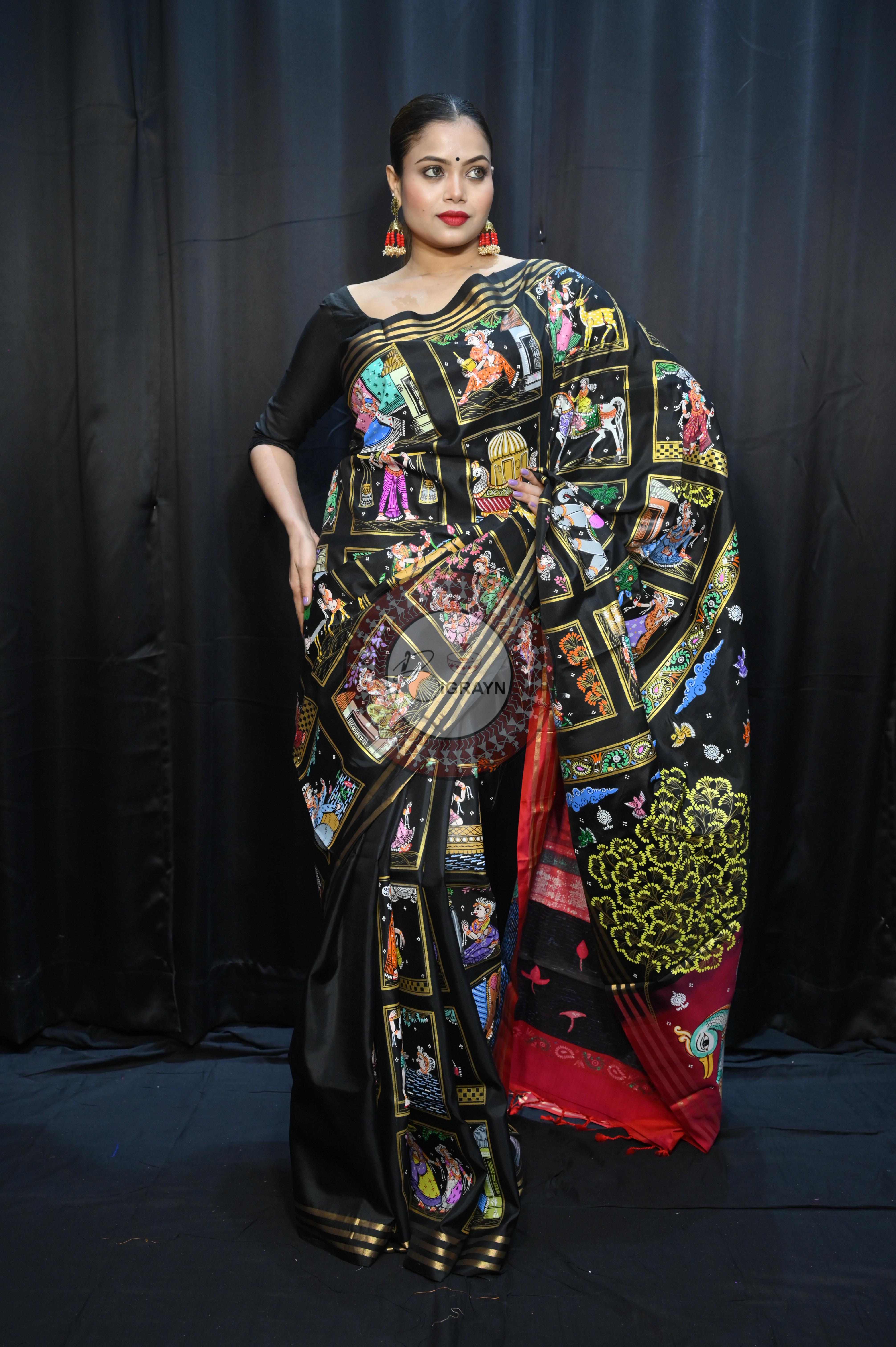 Black Red Small Box Boita Theme Pattachitra Kanjeeveram Silk Saree