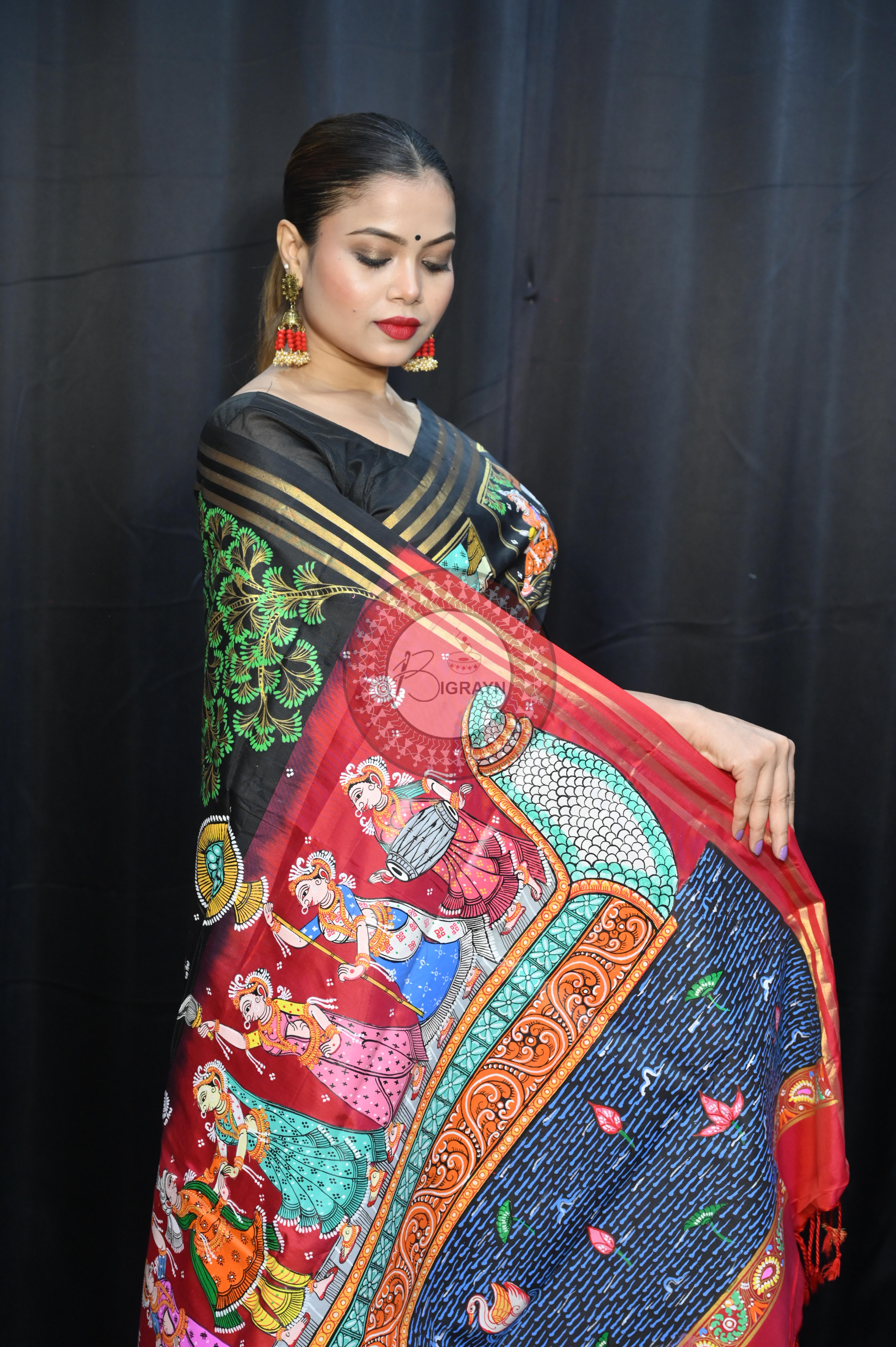 Black Red Small Box Boita Theme Pattachitra Kanjeeveram Silk Saree