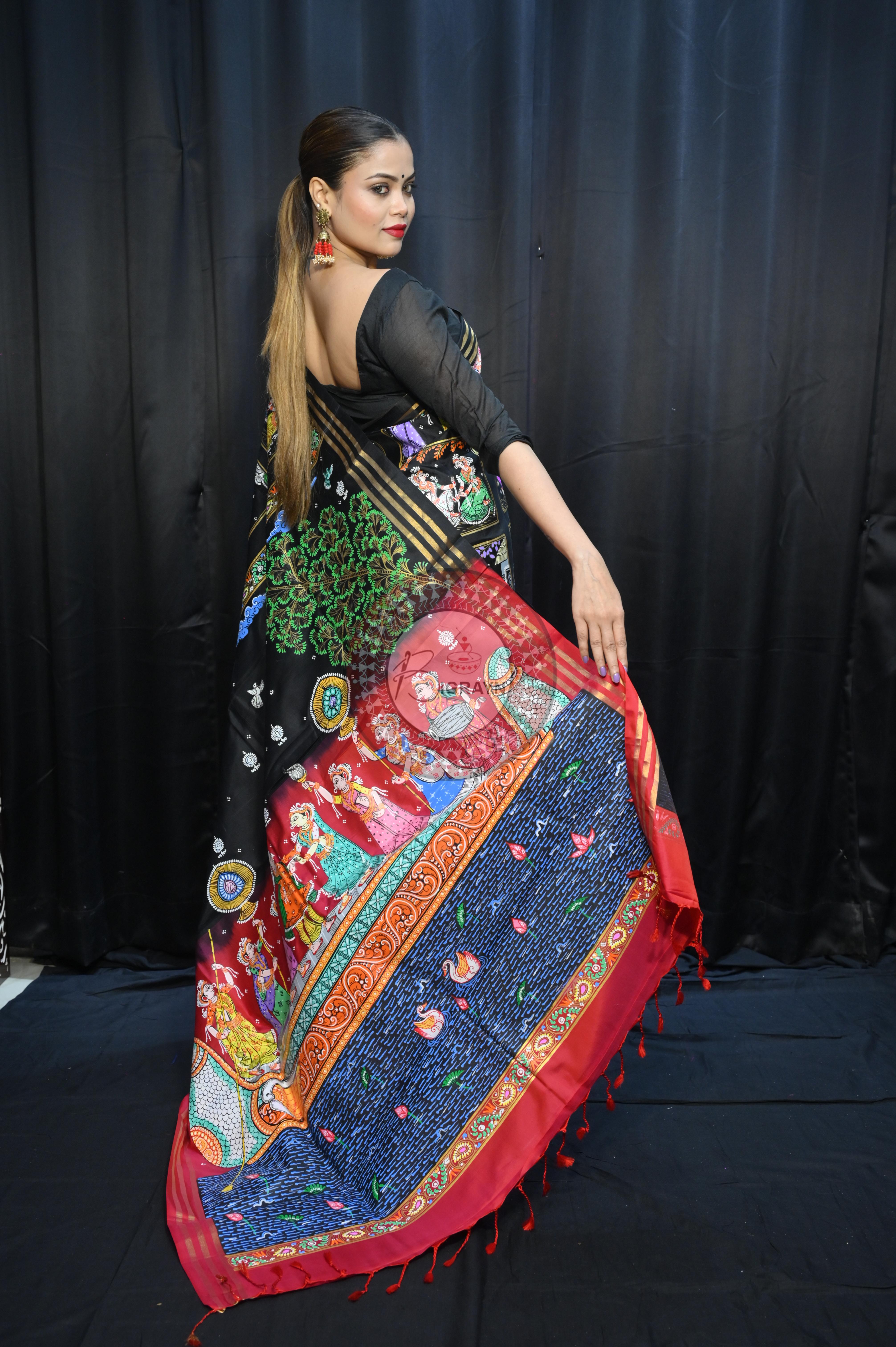 Black Red Small Box Boita Theme Pattachitra Kanjeeveram Silk Saree