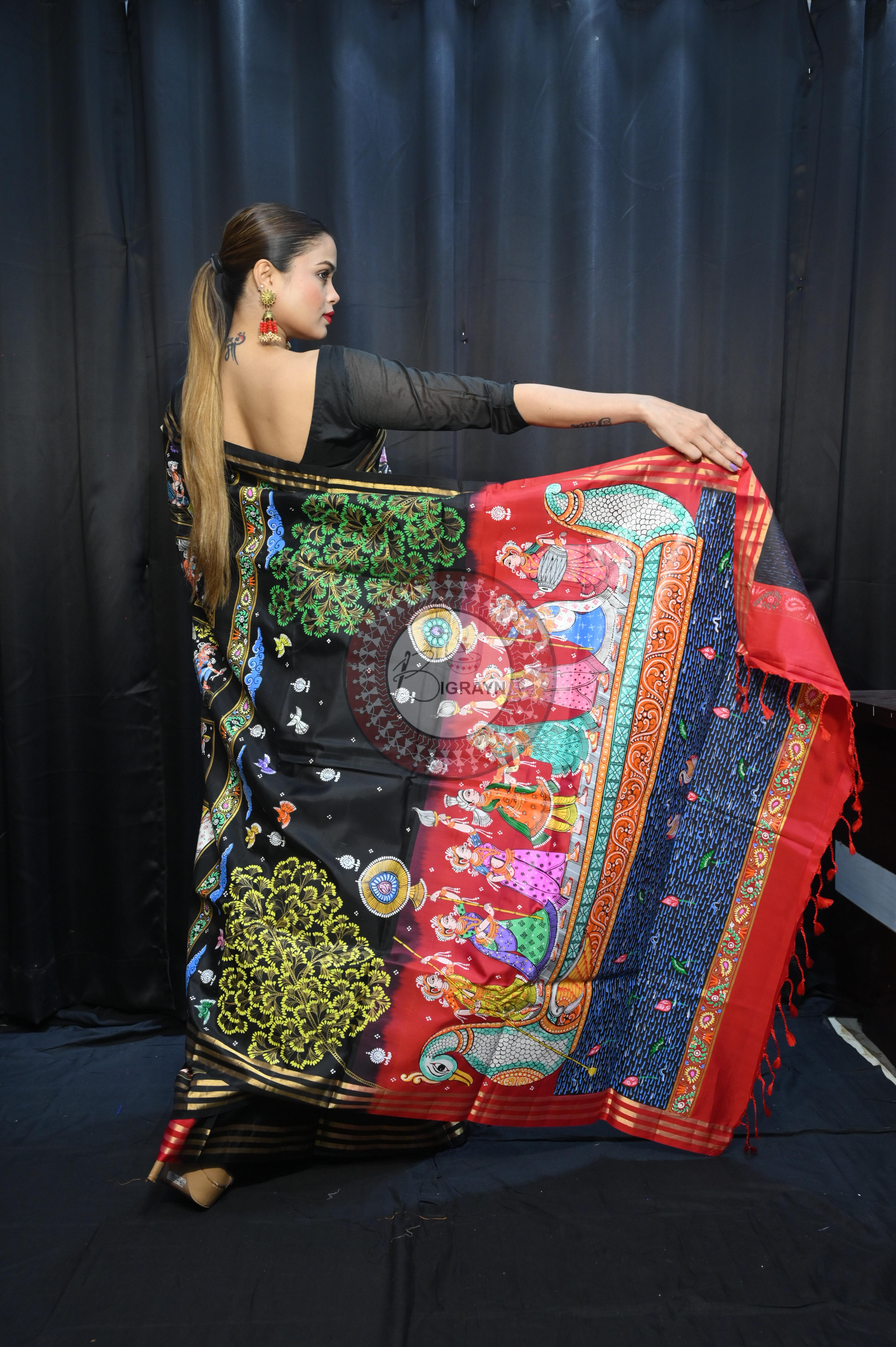 Black Red Small Box Boita Theme Pattachitra Kanjeeveram Silk Saree