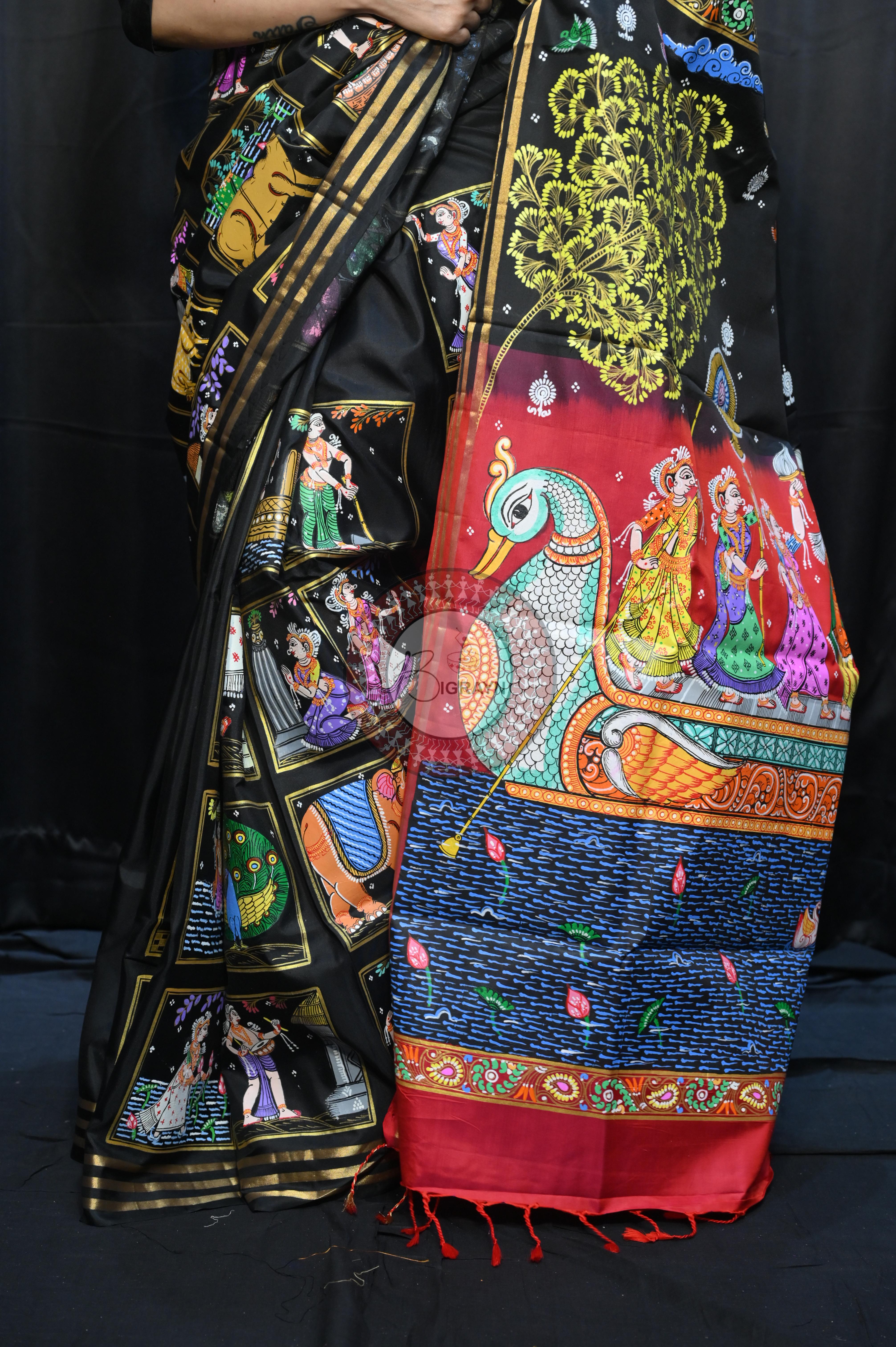 Black Red Small Box Boita Theme Pattachitra Kanjeeveram Silk Saree