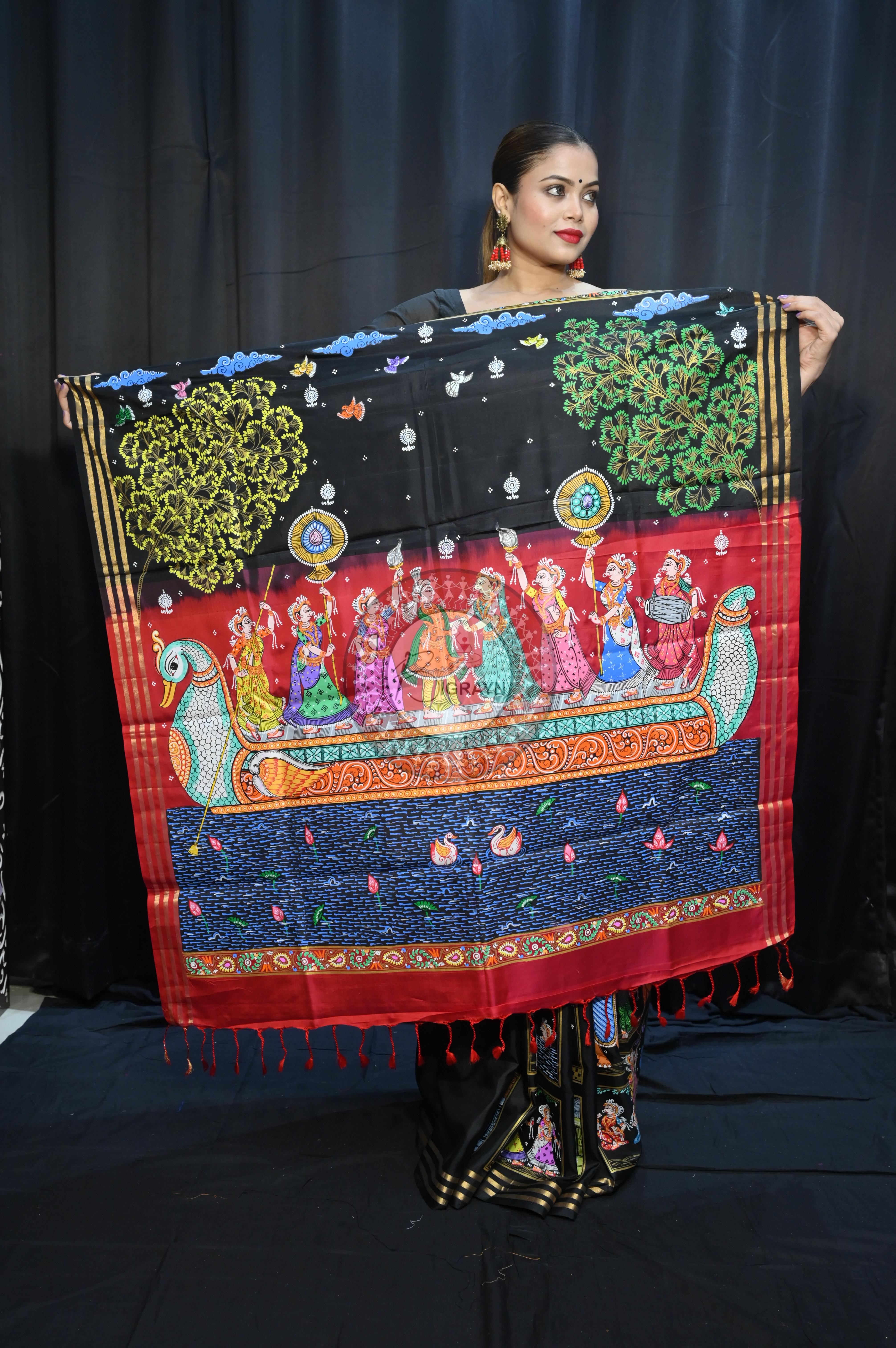 Black Red Small Box Boita Theme Pattachitra Kanjeeveram Silk Saree