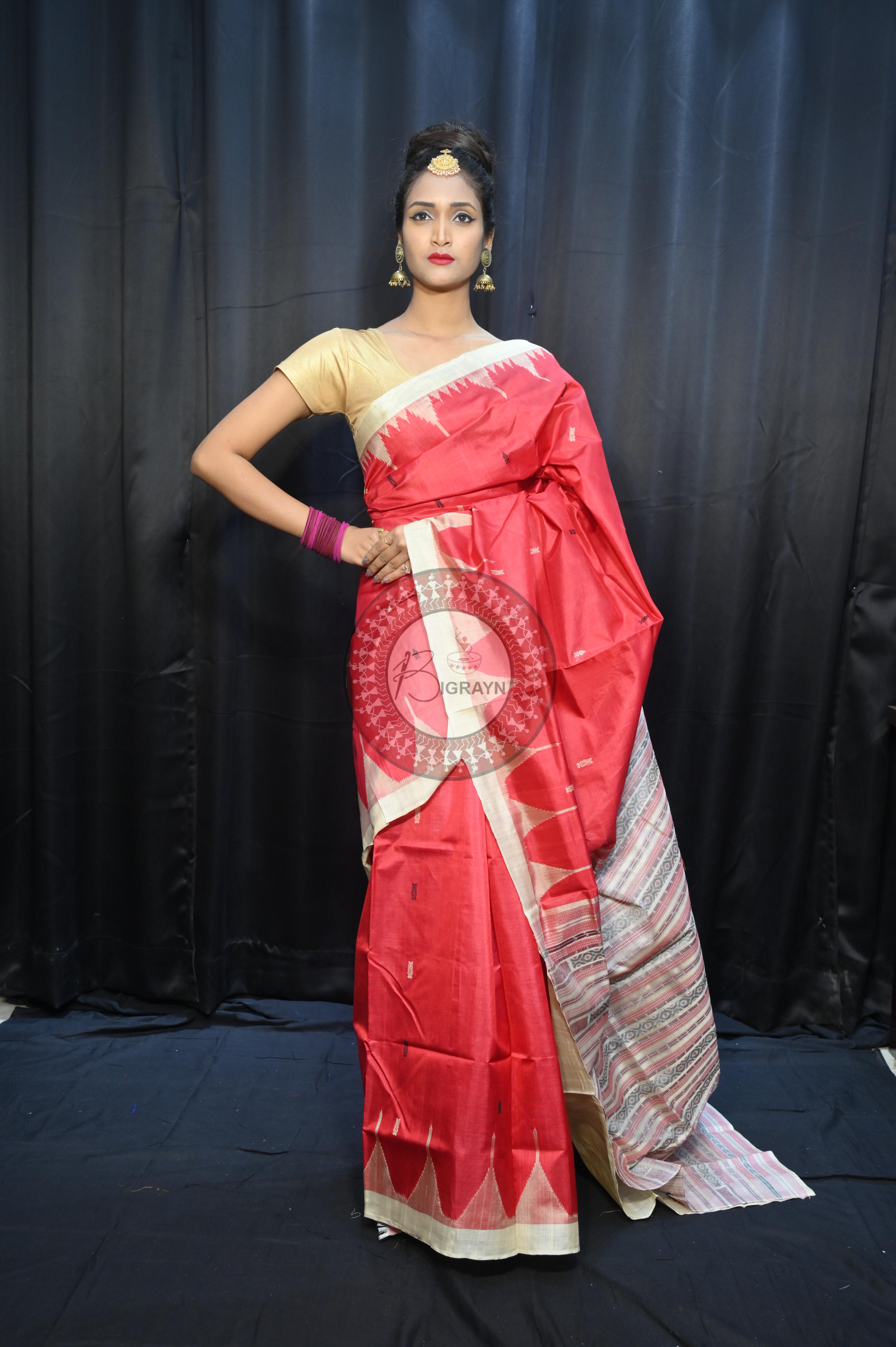 Red Off White Phoda Kumbha Tusser Silk Saree