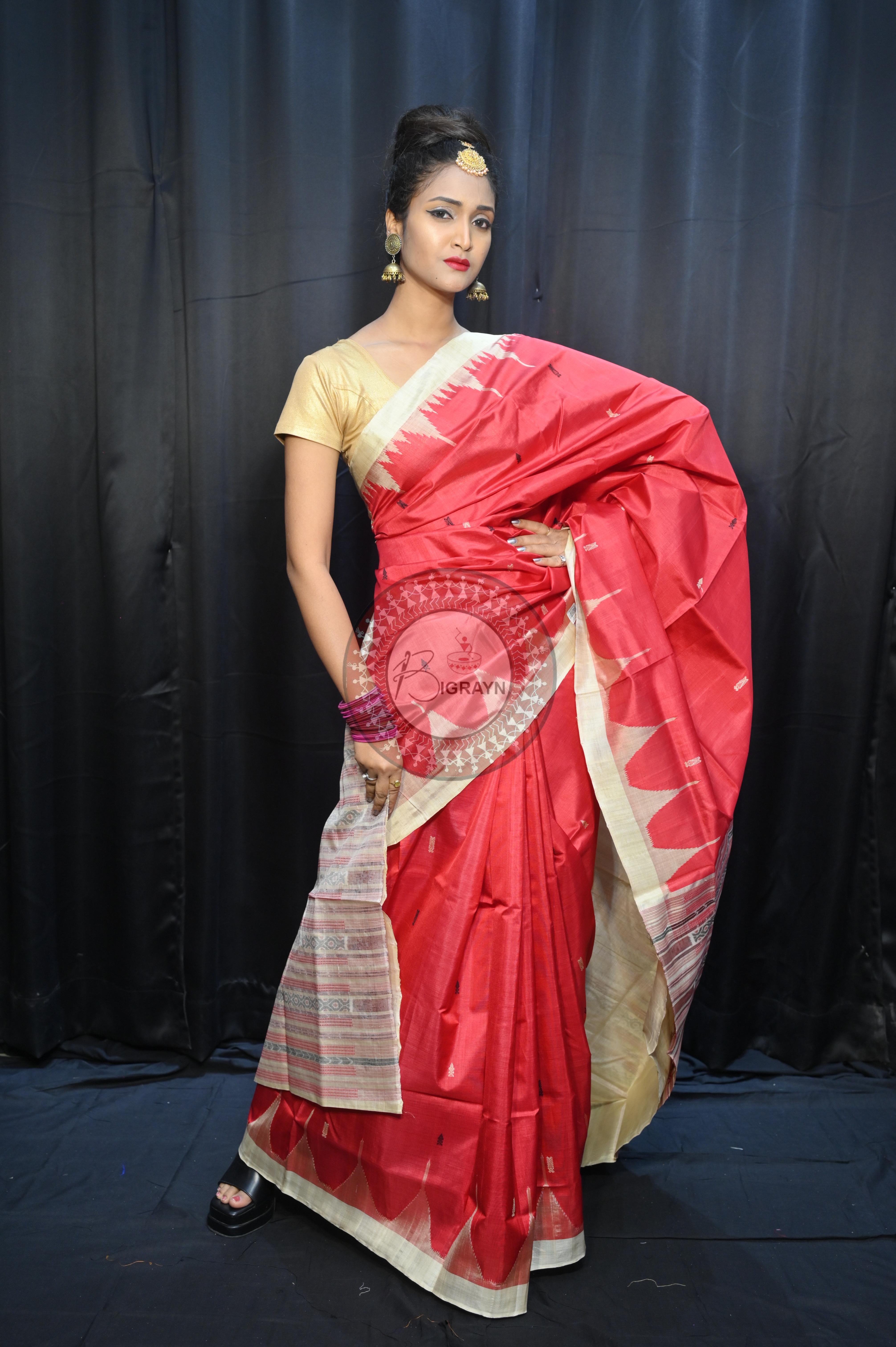 Red Off White Phoda Kumbha Tusser Silk Saree