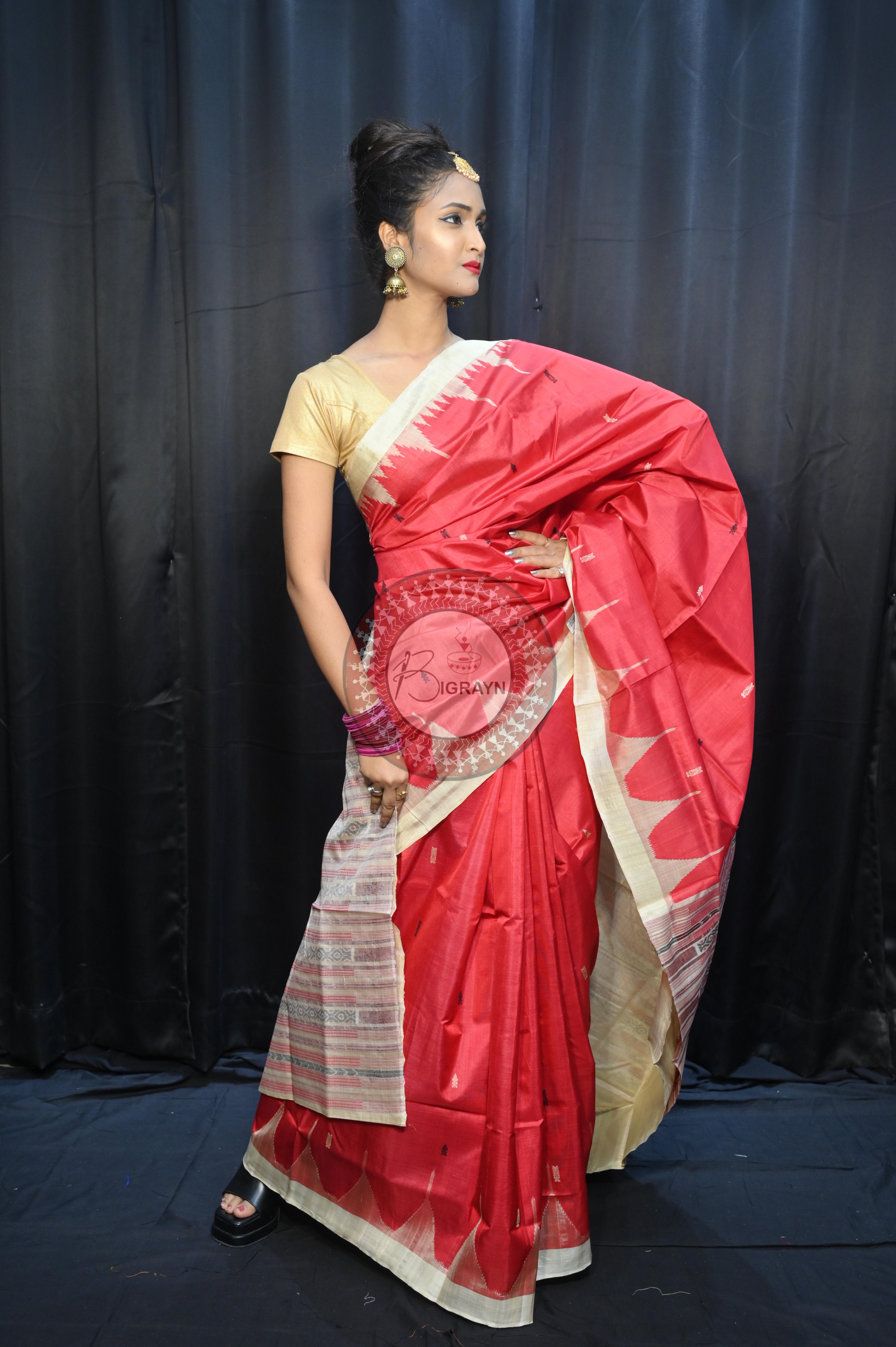 Red Off White Phoda Kumbha Tusser Silk Saree