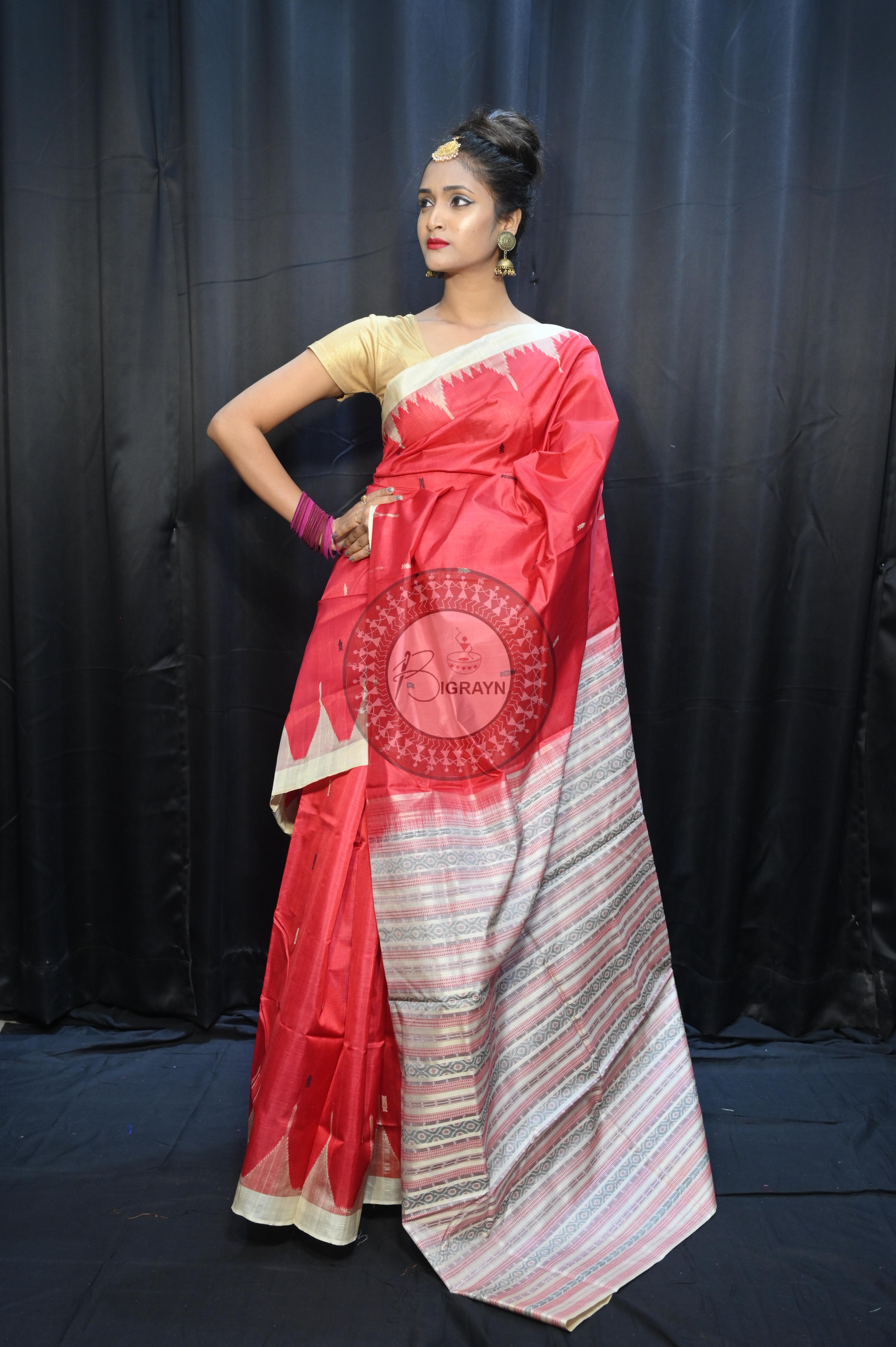 Red Off White Phoda Kumbha Tusser Silk Saree
