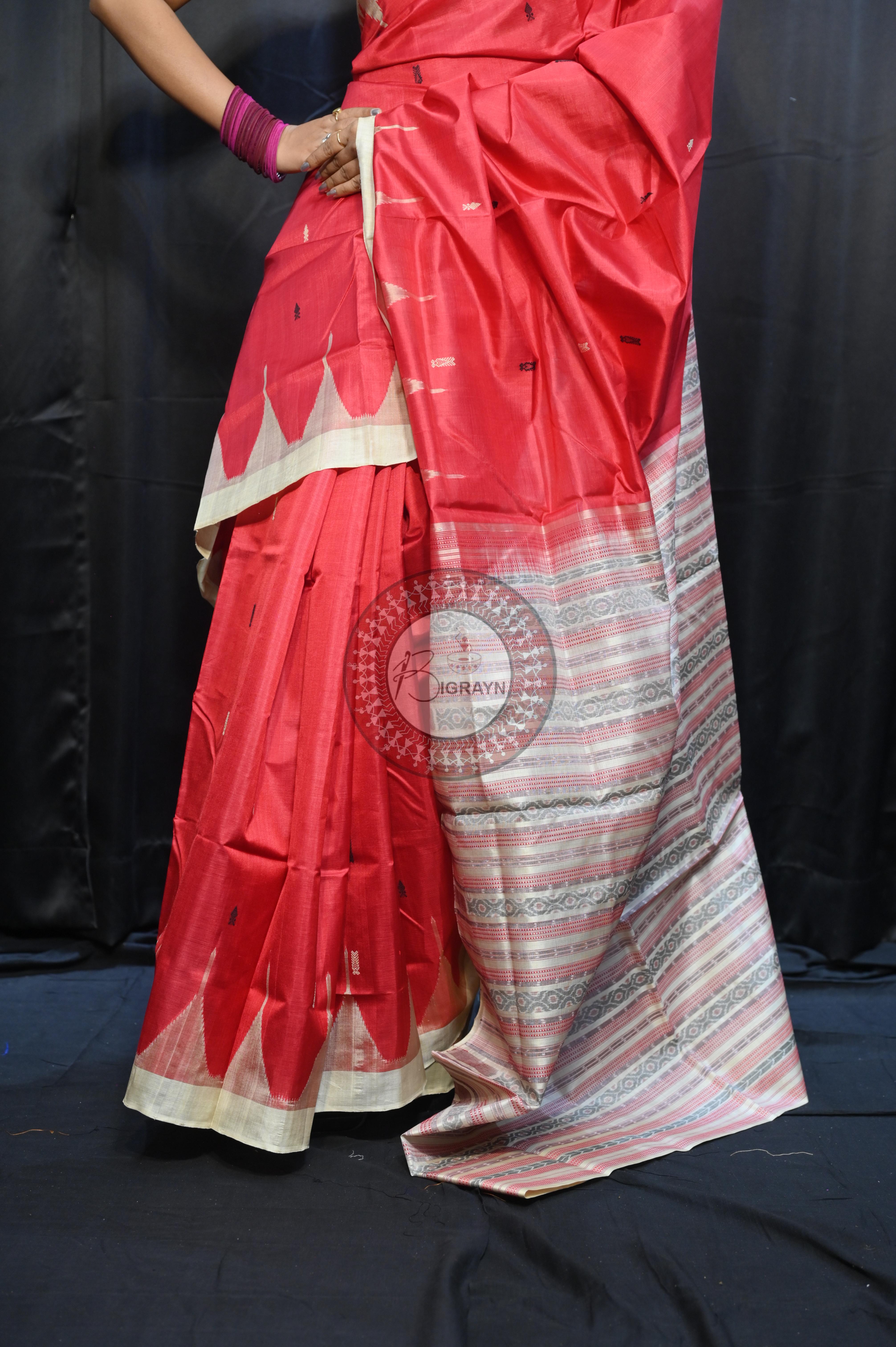 Red Off White Phoda Kumbha Tusser Silk Saree