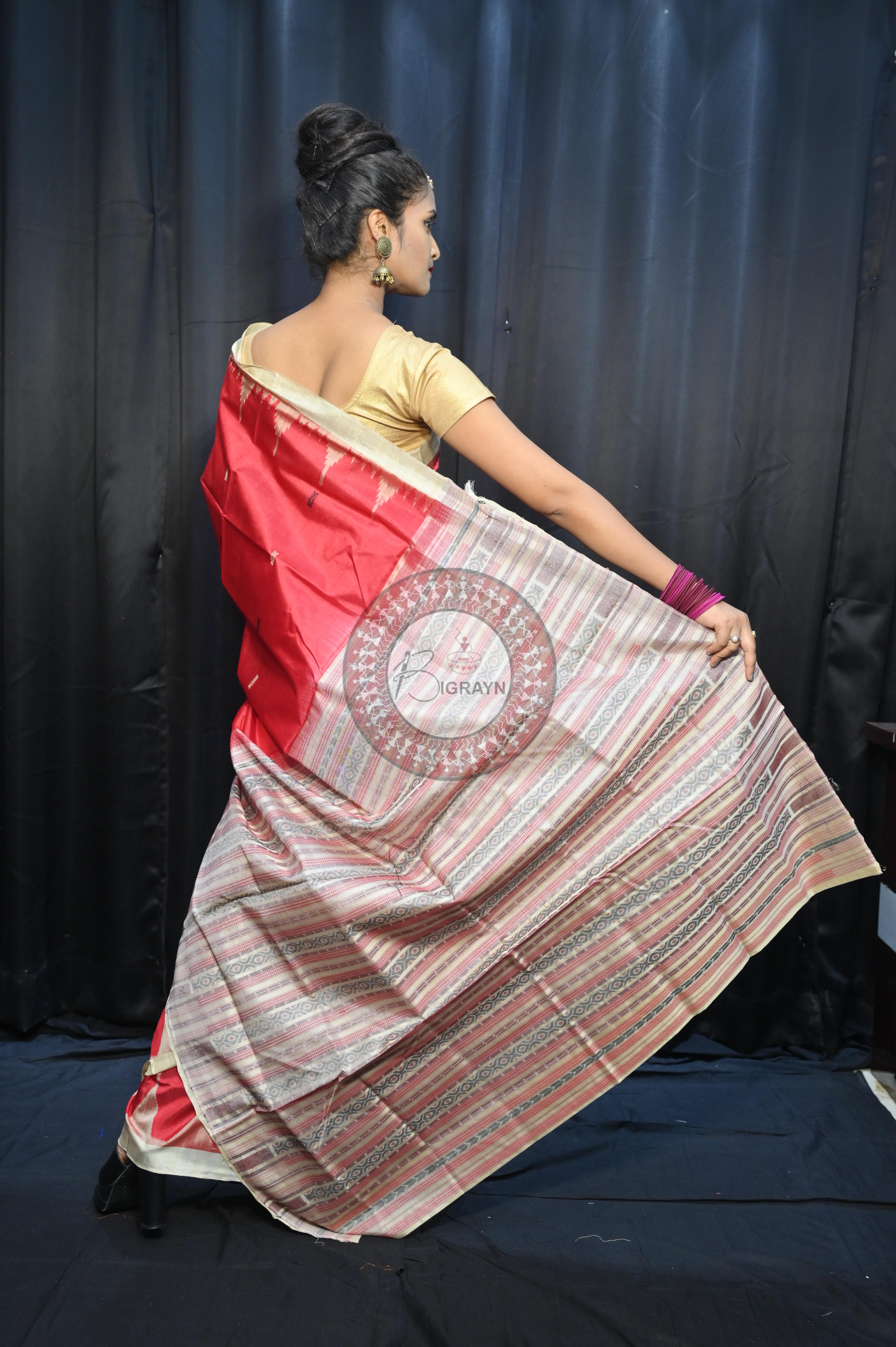 Red Off White Phoda Kumbha Tusser Silk Saree