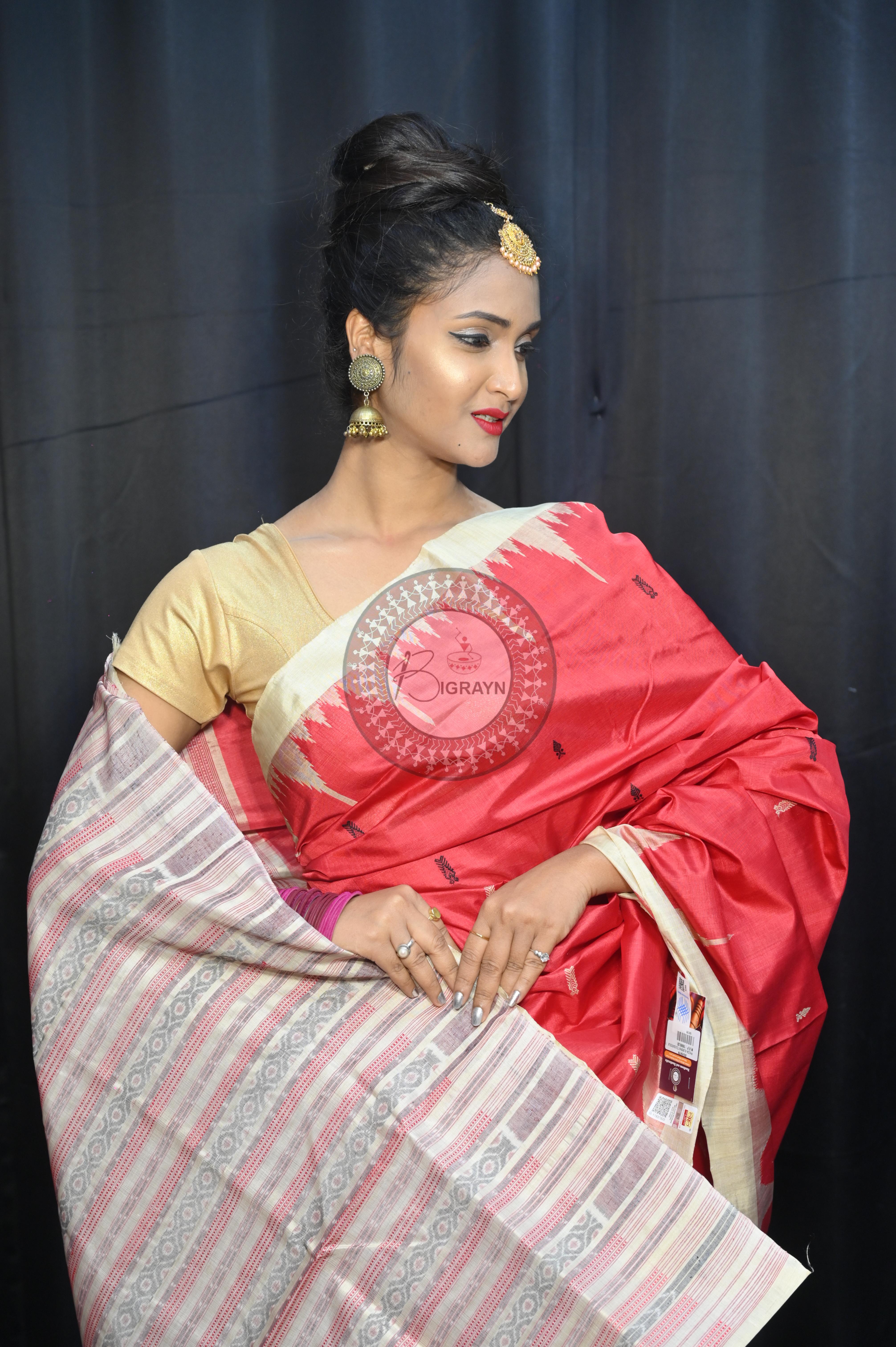 Red Off White Phoda Kumbha Tusser Silk Saree