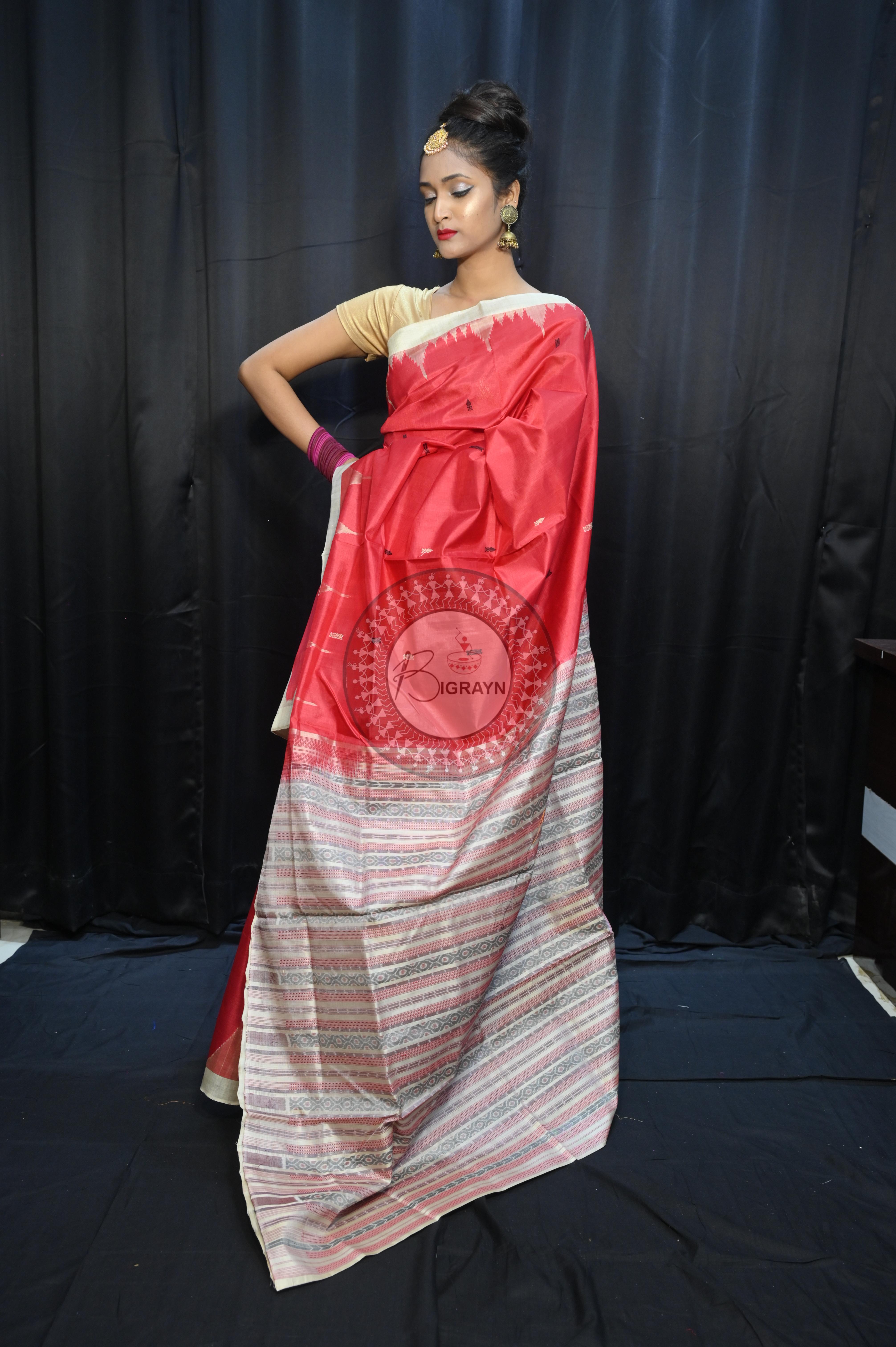 Red Off White Phoda Kumbha Tusser Silk Saree