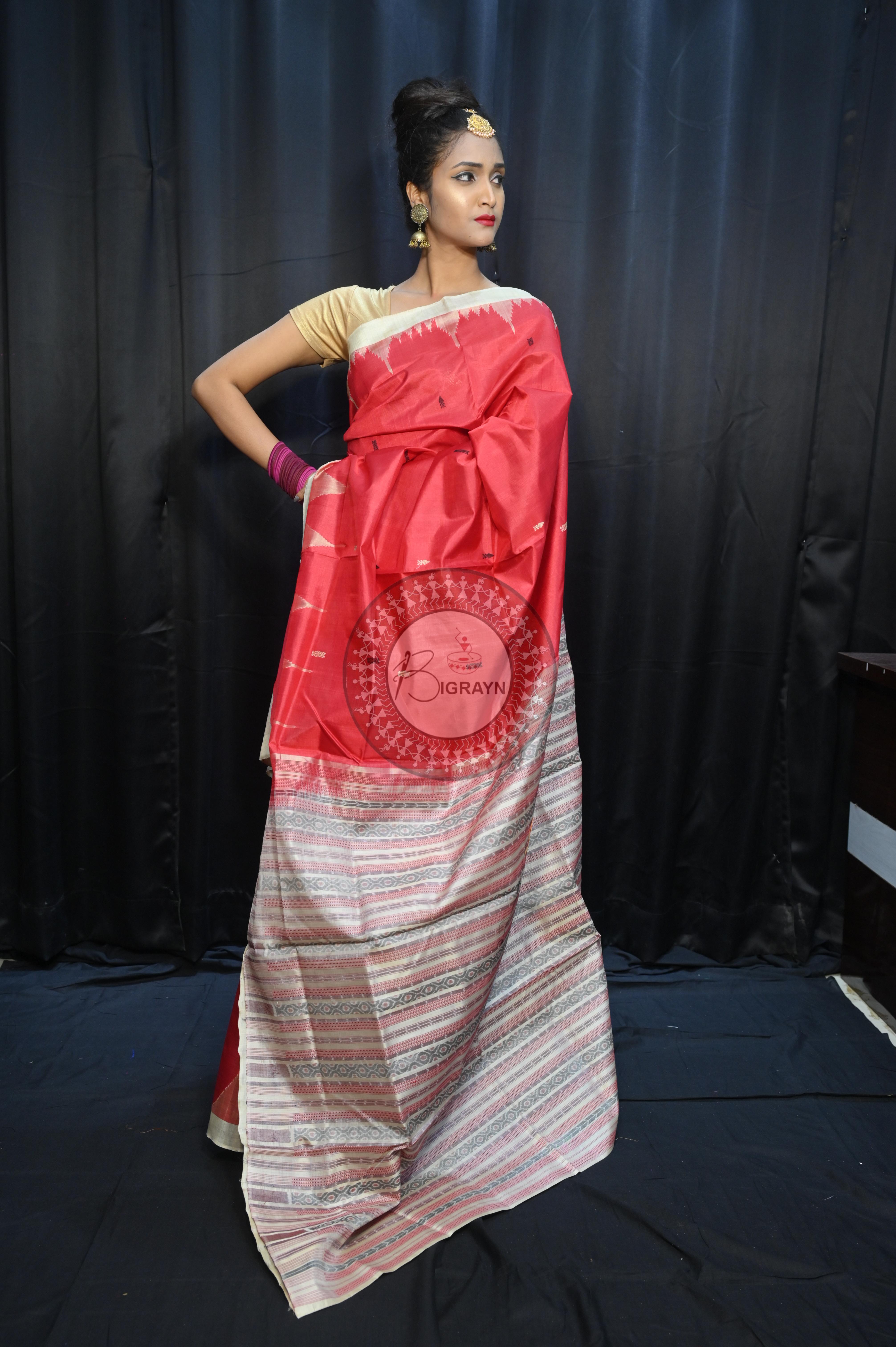 Red Off White Phoda Kumbha Tusser Silk Saree