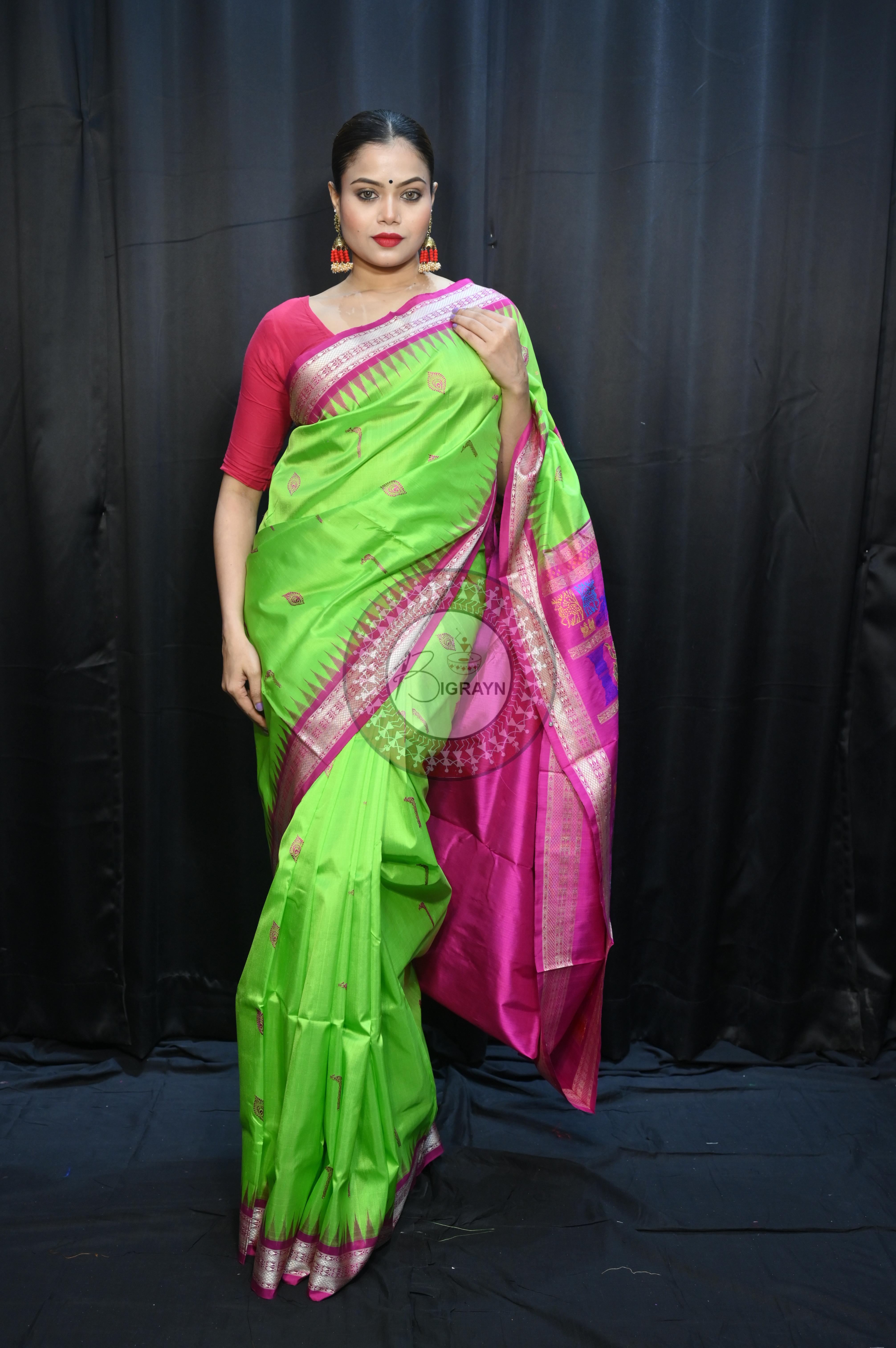 Parrot  Green Magenta Rasleela Exclusive Sambalpuri Silk Saree
