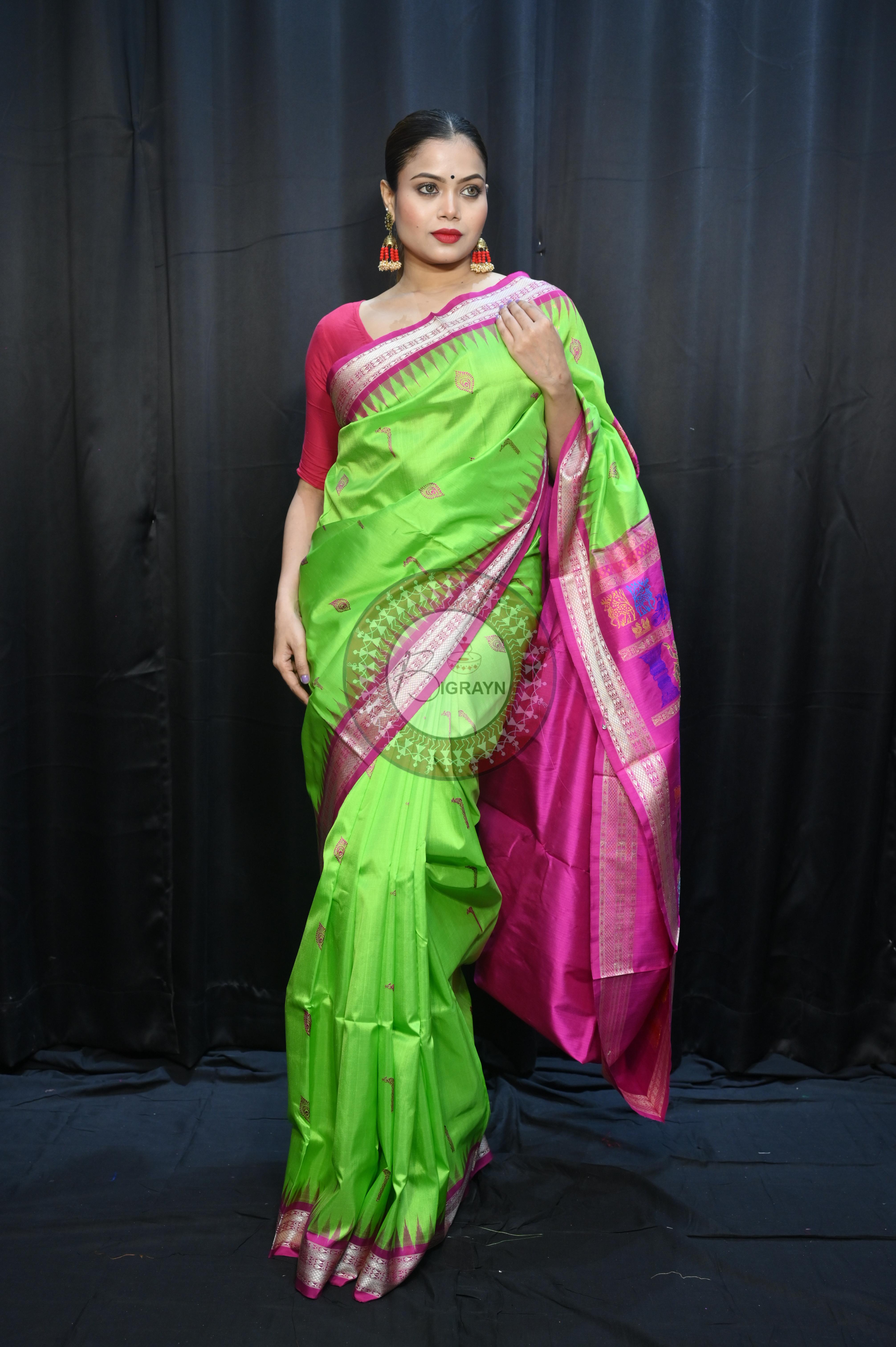 Parrot  Green Magenta Rasleela Exclusive Sambalpuri Silk Saree