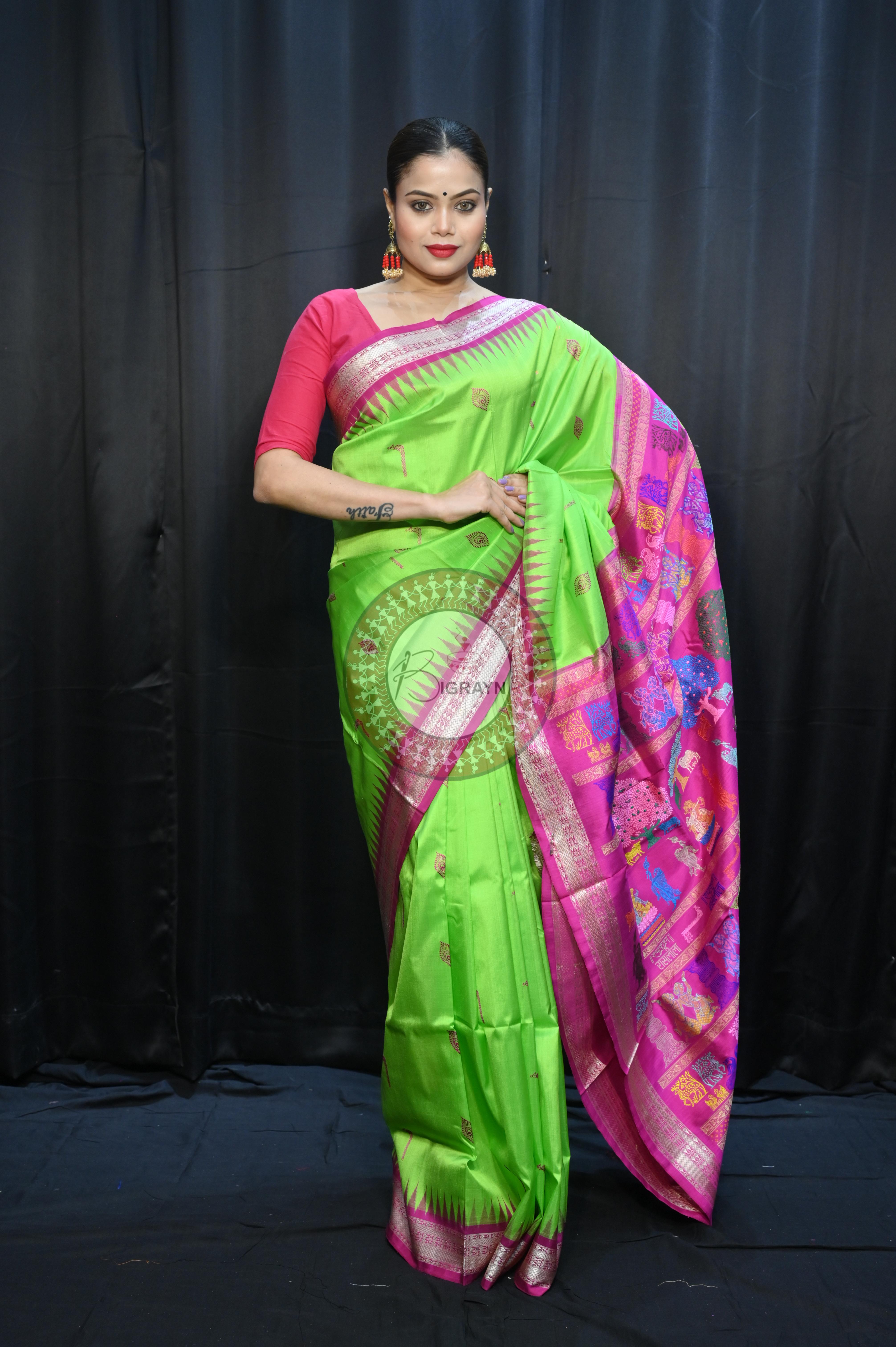 Parrot  Green Magenta Rasleela Exclusive Sambalpuri Silk Saree