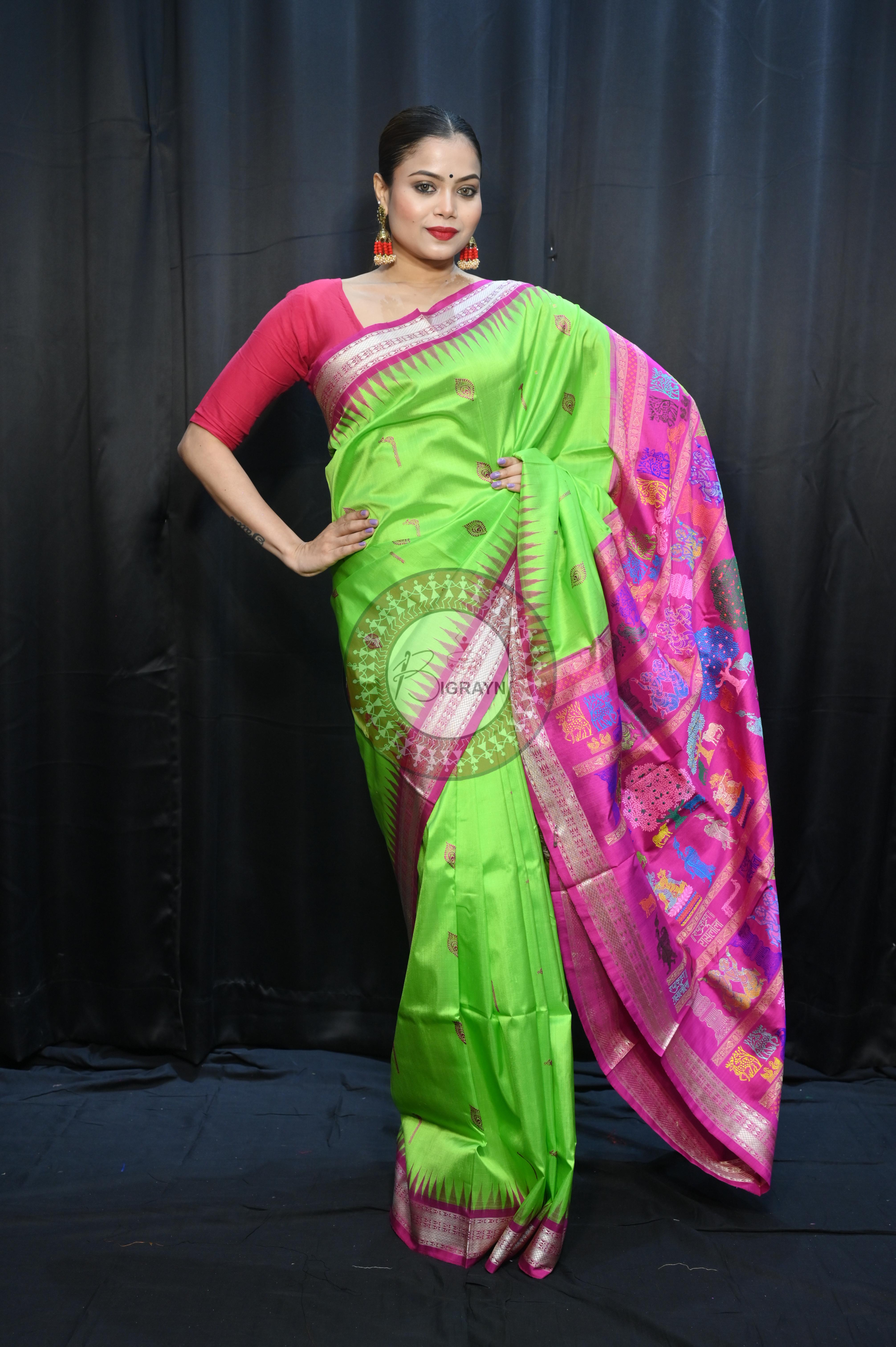 Parrot  Green Magenta Rasleela Exclusive Sambalpuri Silk Saree