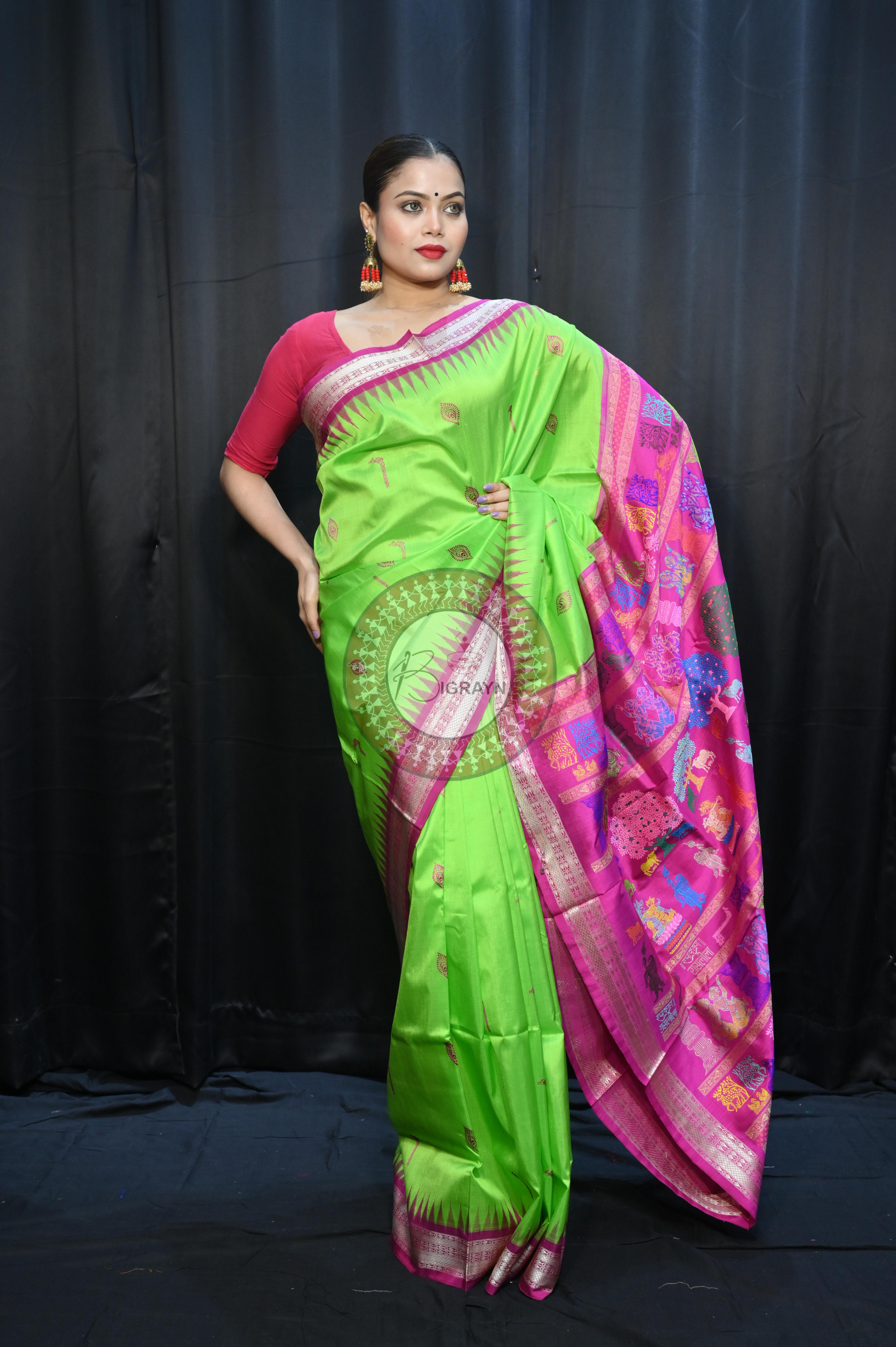 Parrot  Green Magenta Rasleela Exclusive Sambalpuri Silk Saree