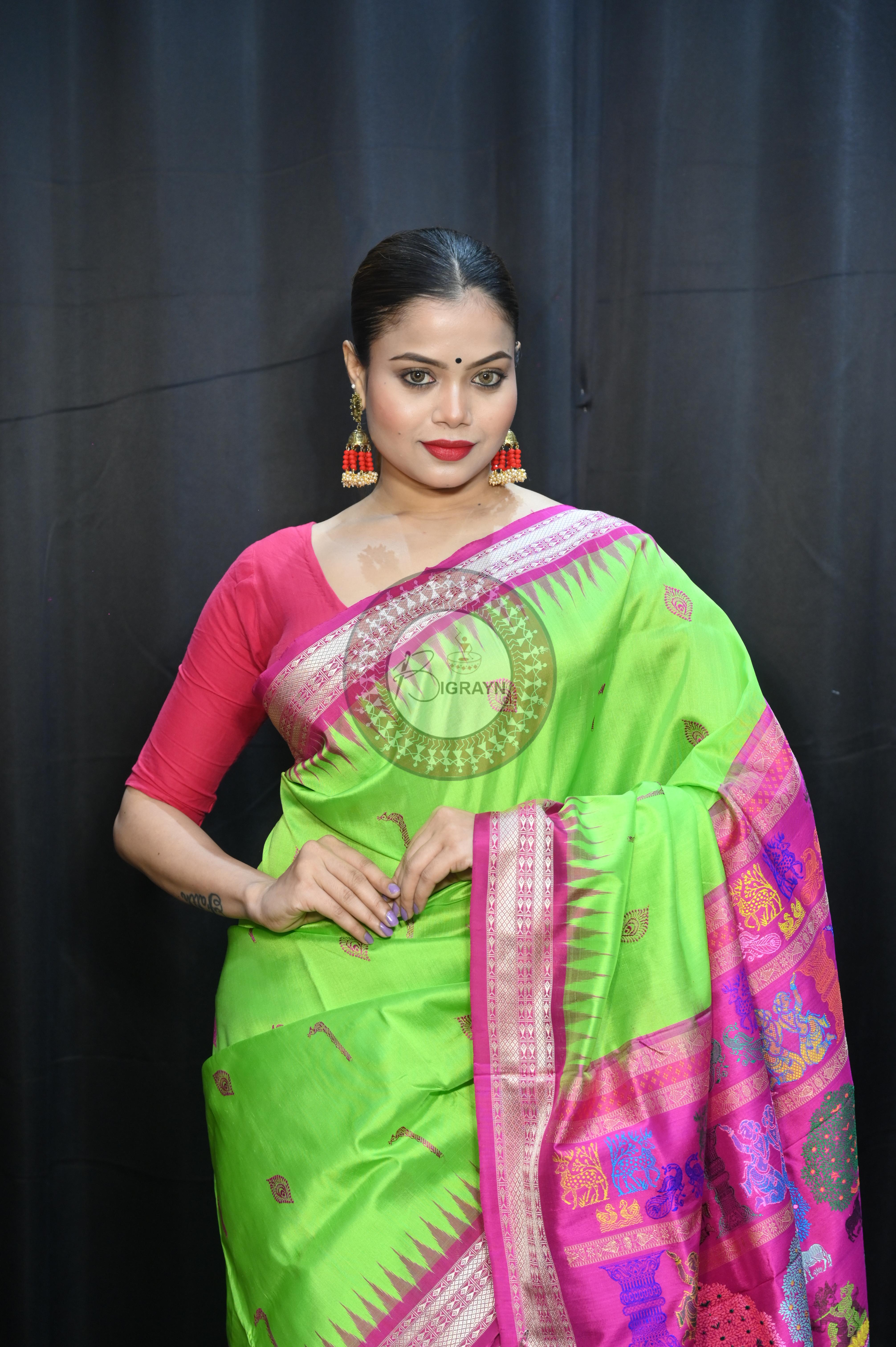 Parrot  Green Magenta Rasleela Exclusive Sambalpuri Silk Saree
