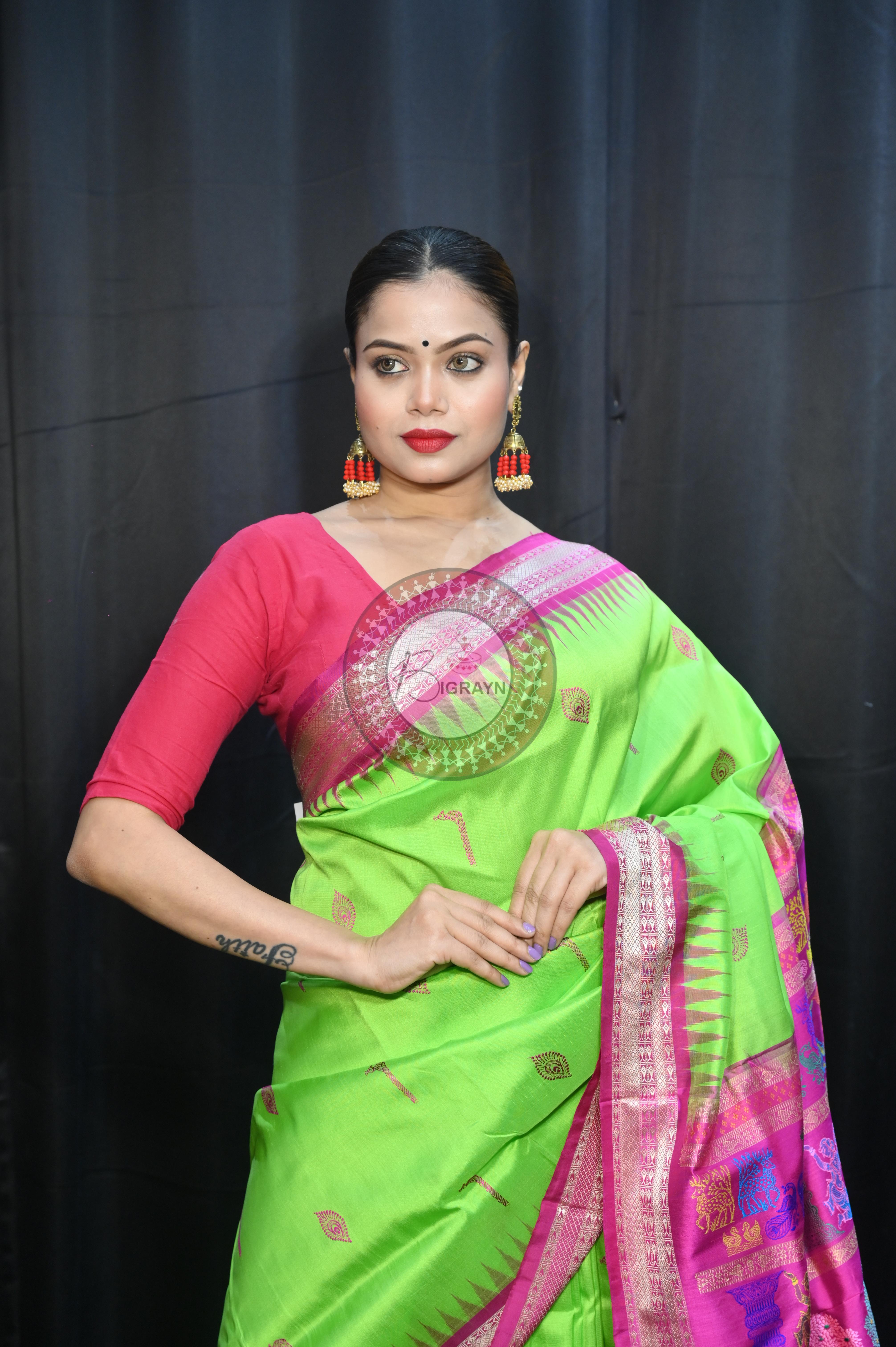 Parrot  Green Magenta Rasleela Exclusive Sambalpuri Silk Saree