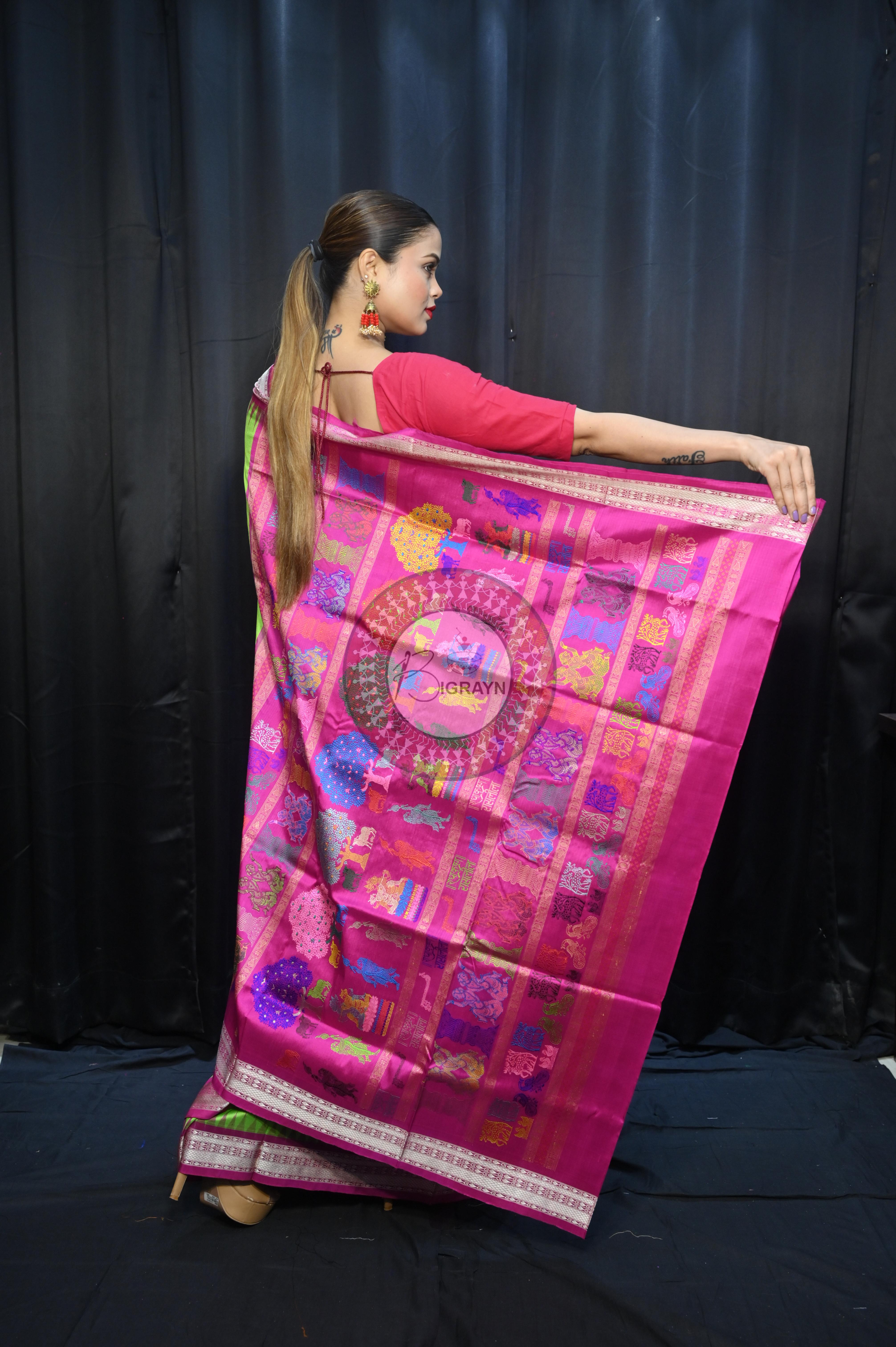 Parrot  Green Magenta Rasleela Exclusive Sambalpuri Silk Saree