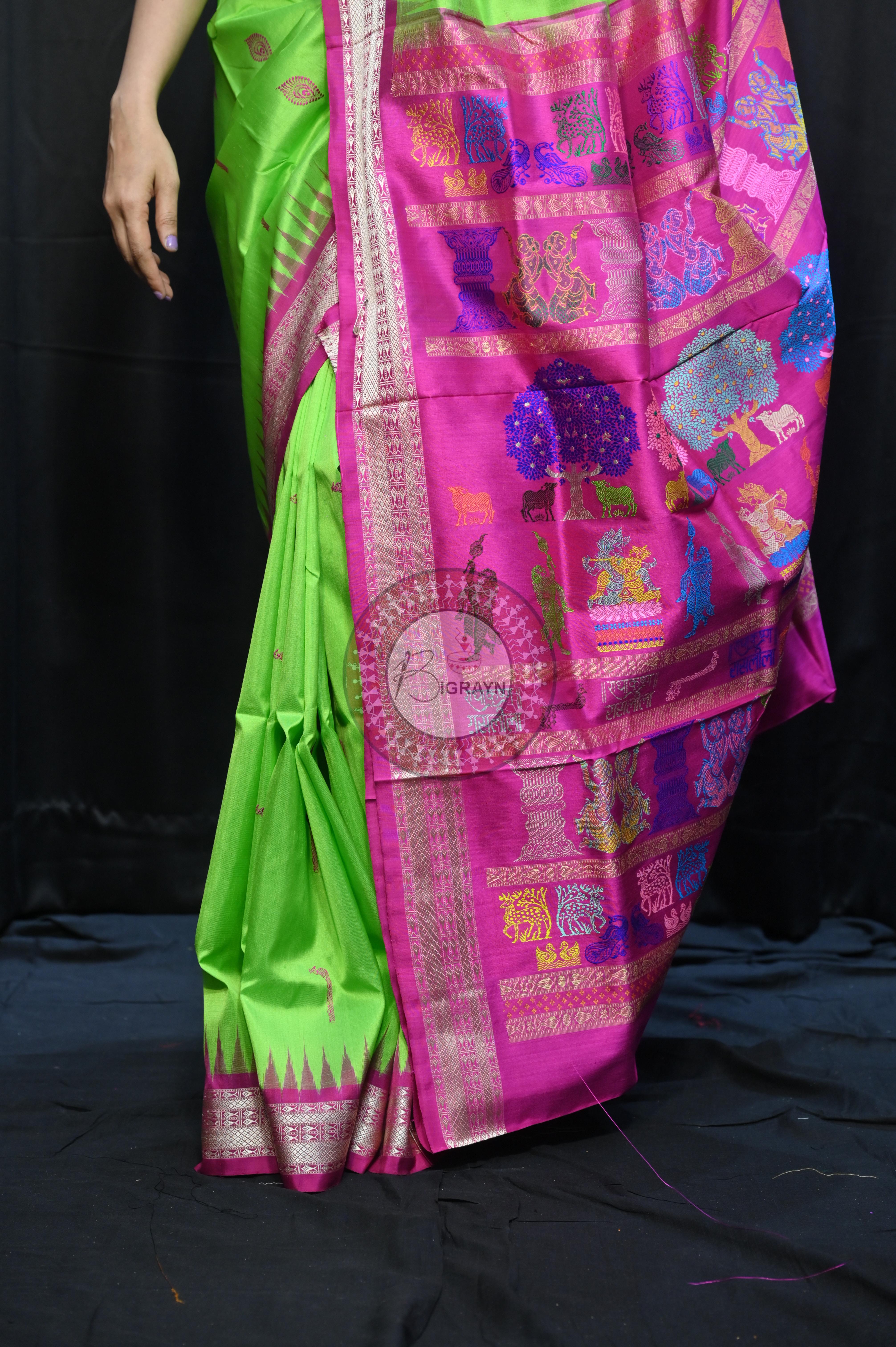 Parrot  Green Magenta Rasleela Exclusive Sambalpuri Silk Saree