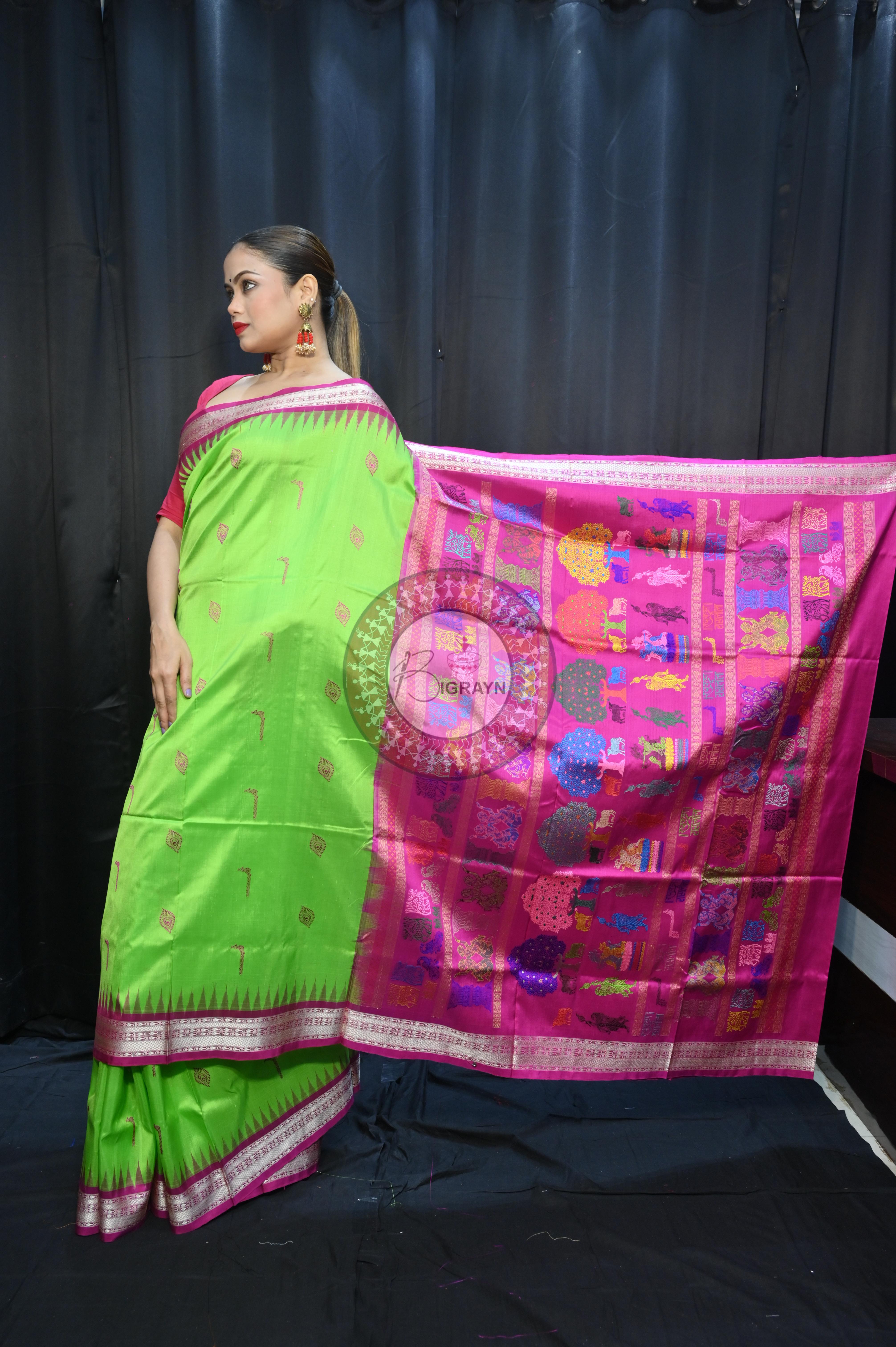 Parrot  Green Magenta Rasleela Exclusive Sambalpuri Silk Saree